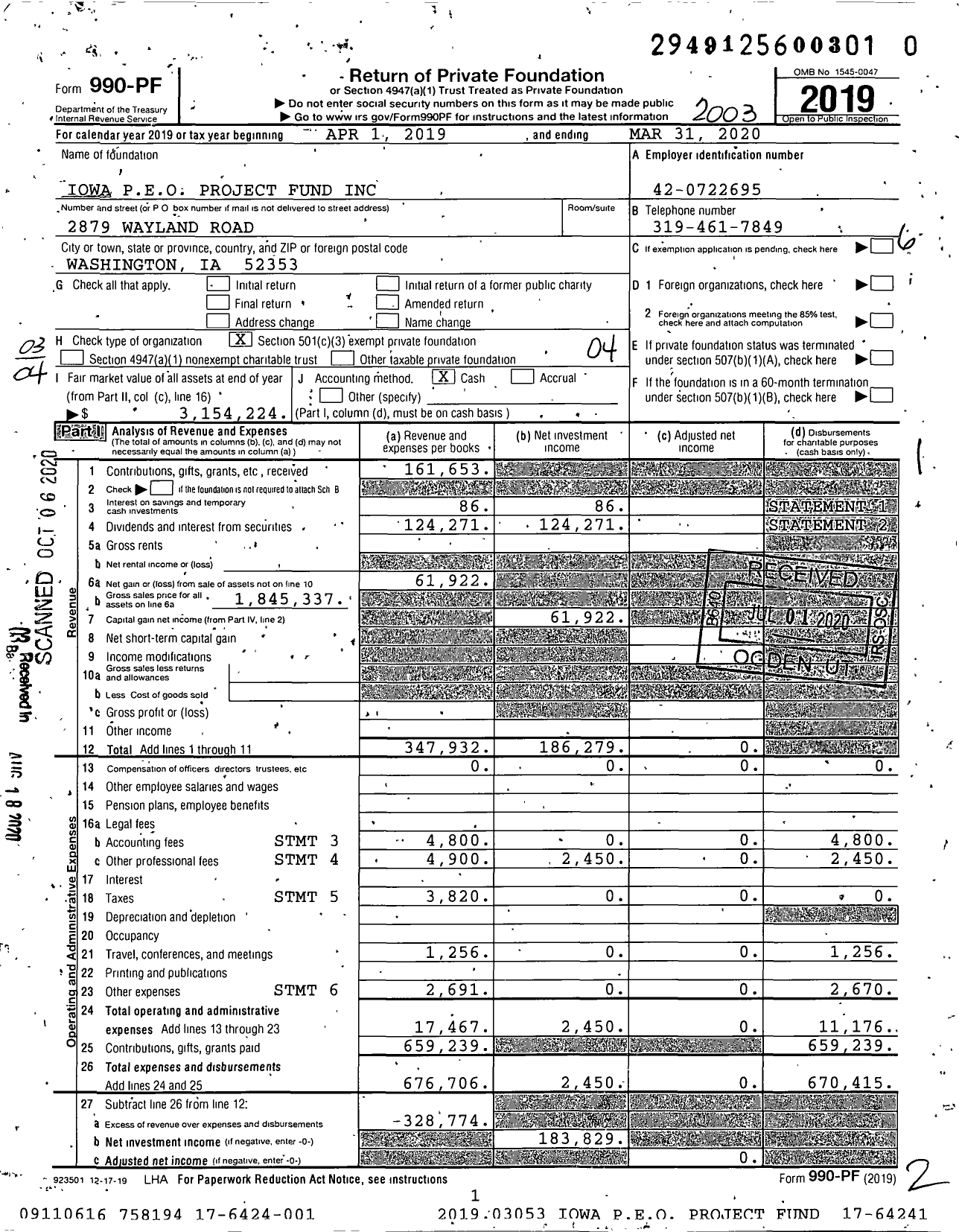 Image of first page of 2019 Form 990PR for Iowa Peo Project Fund