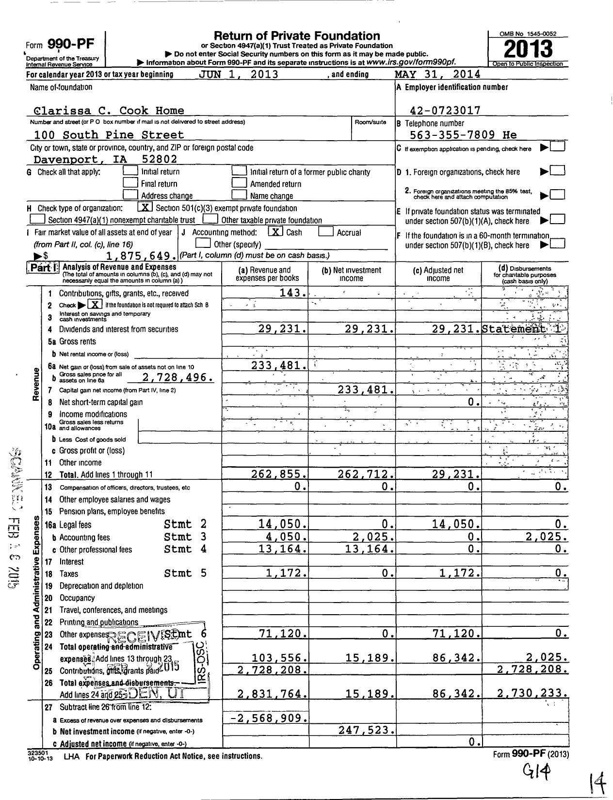 Image of first page of 2013 Form 990PF for Clarissa C Cook Home