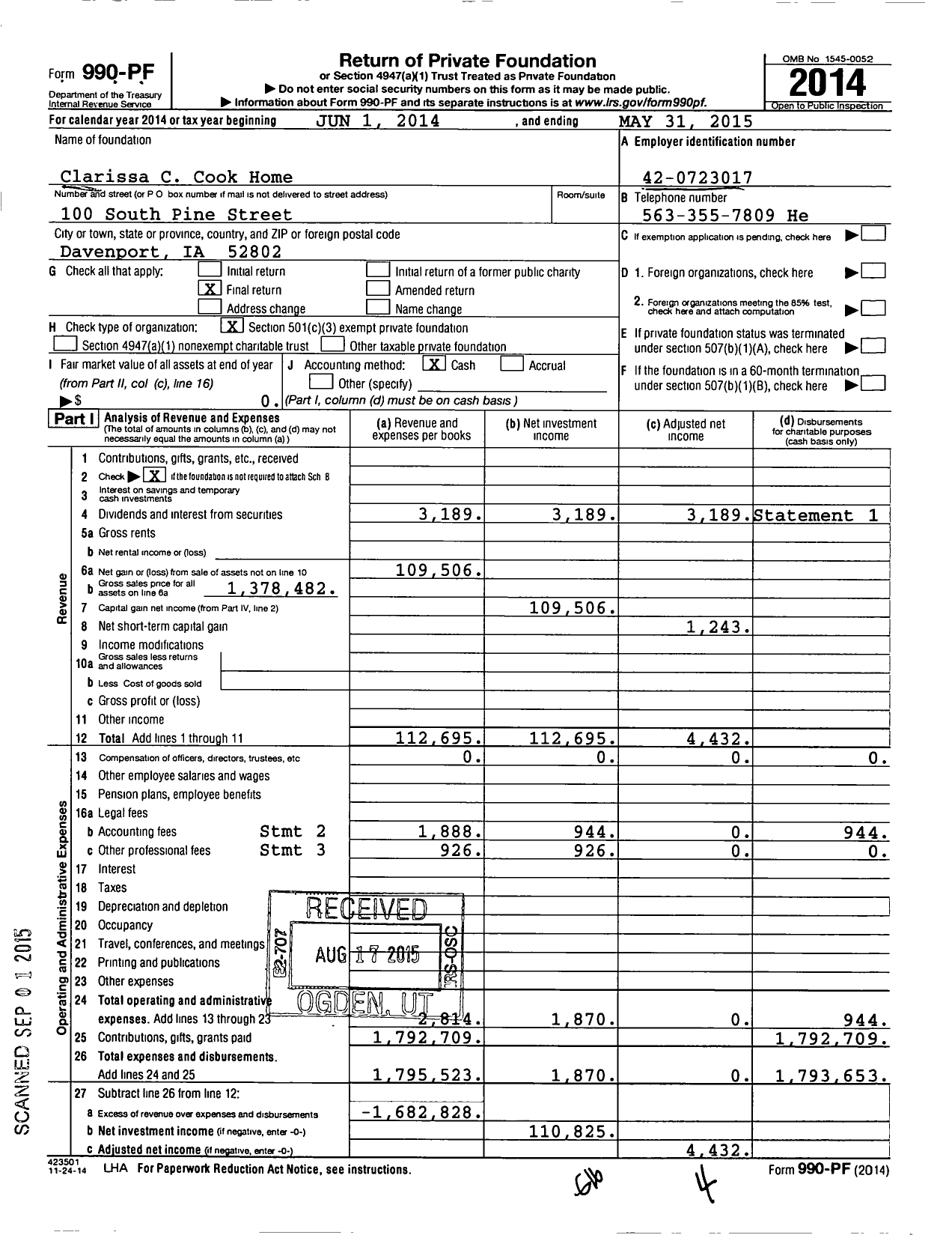 Image of first page of 2014 Form 990PF for Clarissa C Cook Home