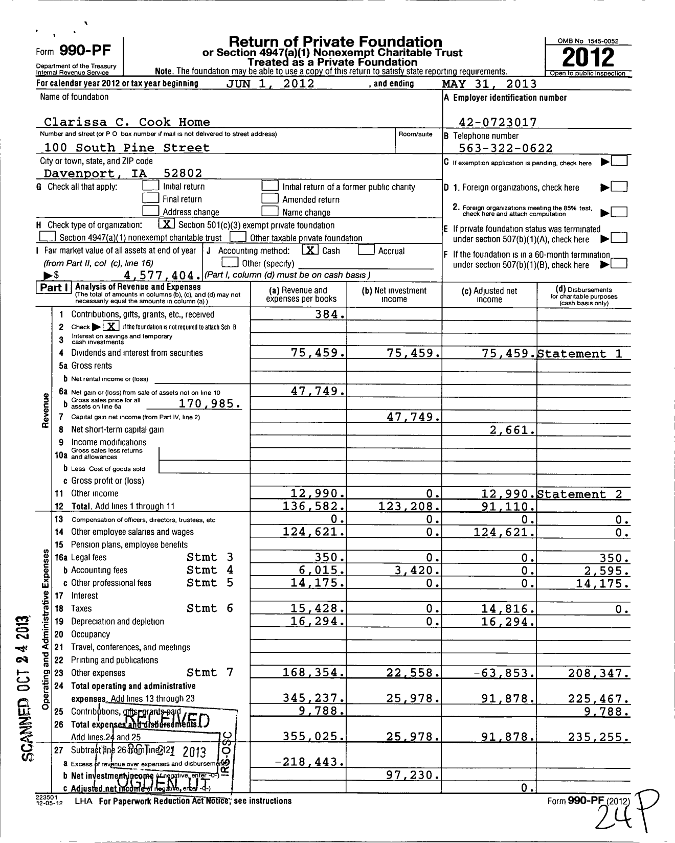 Image of first page of 2012 Form 990PF for Clarissa C Cook Home