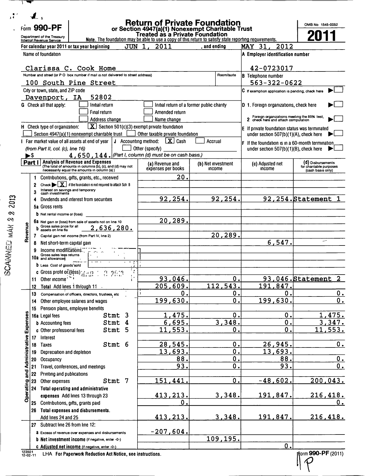 Image of first page of 2011 Form 990PF for Clarissa C Cook Home