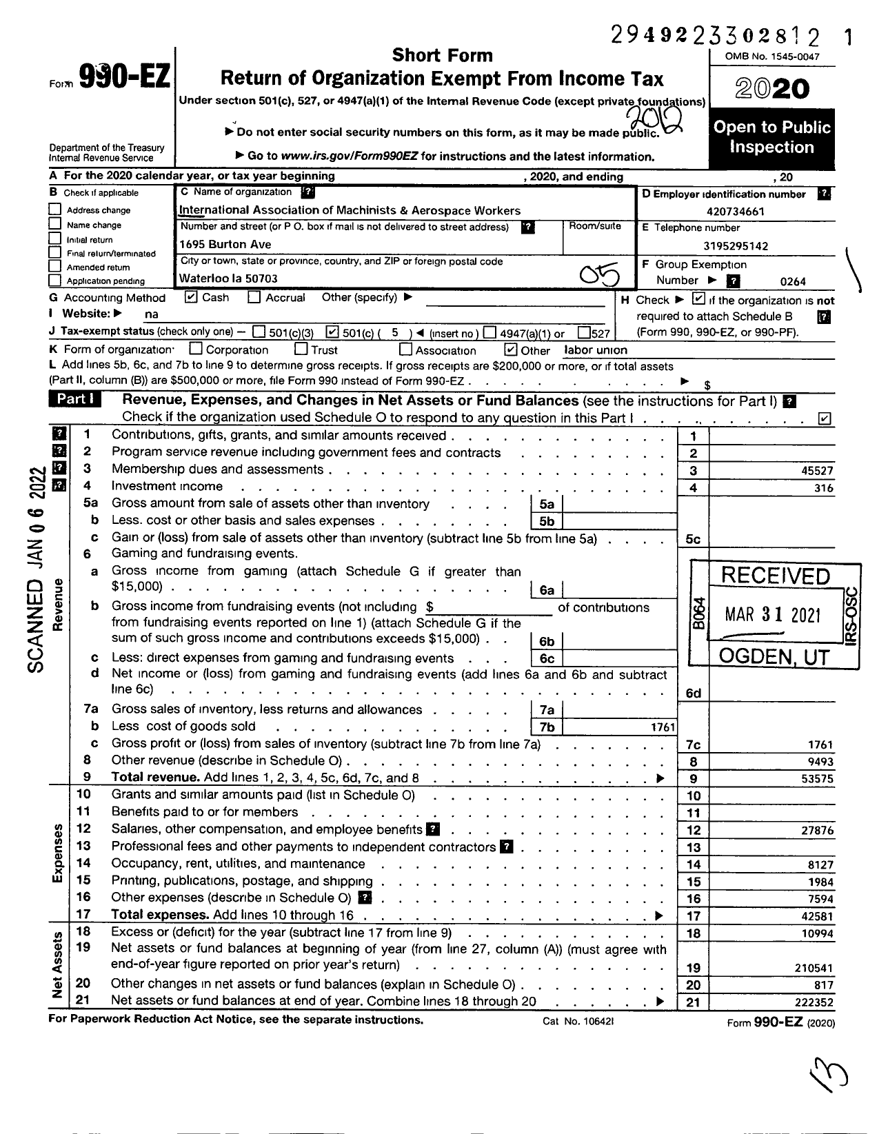 Image of first page of 2020 Form 990EO for International Association of Machinists and Aerospace Workers - 1728