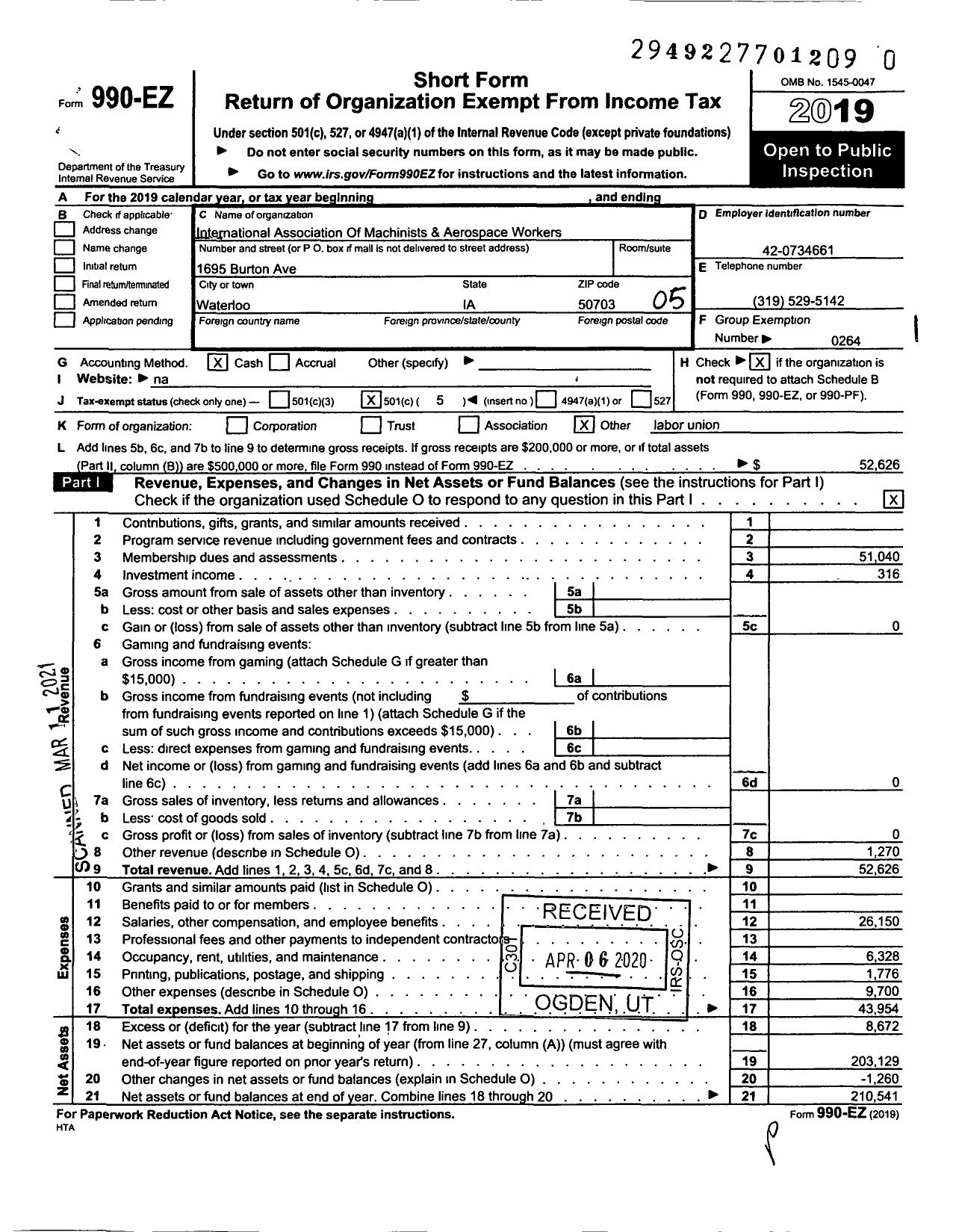 Image of first page of 2019 Form 990EO for International Association of Machinists and Aerospace Workers - 1728