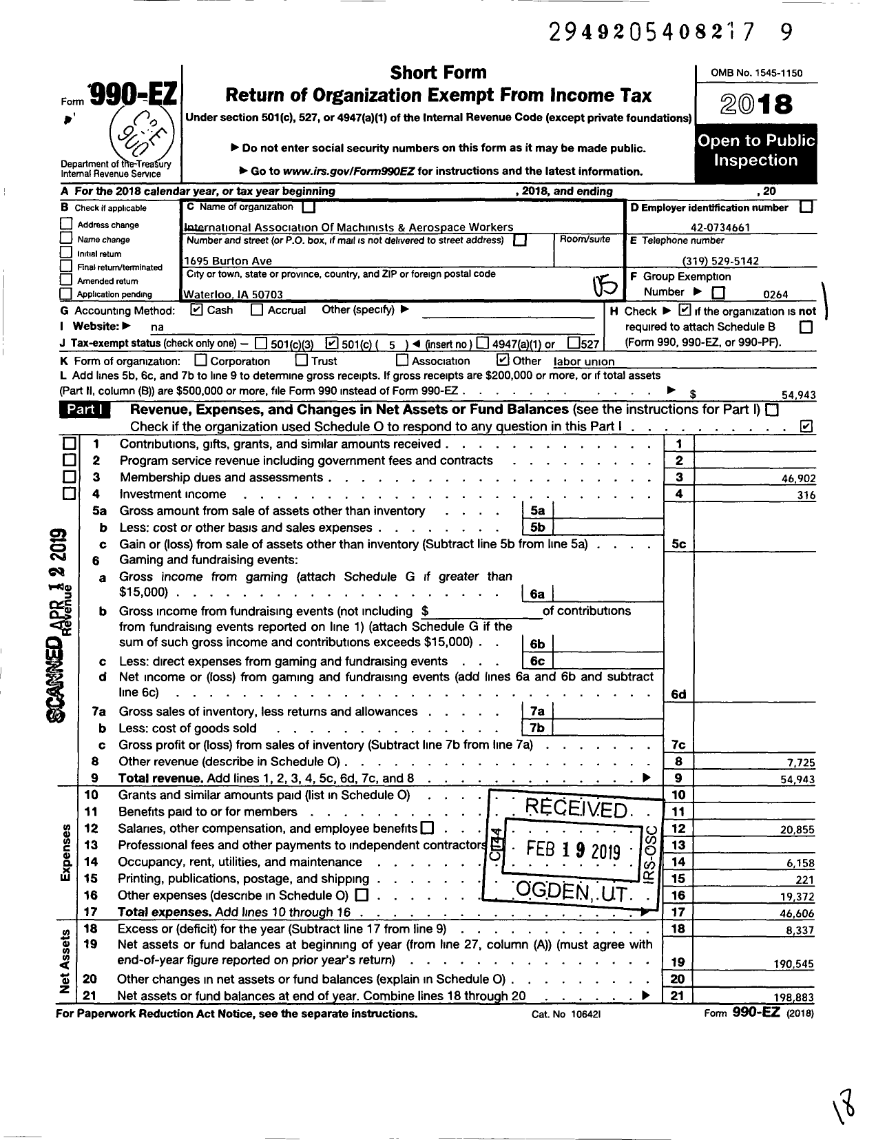 Image of first page of 2018 Form 990EO for International Association of Machinists and Aerospace Workers - 1728