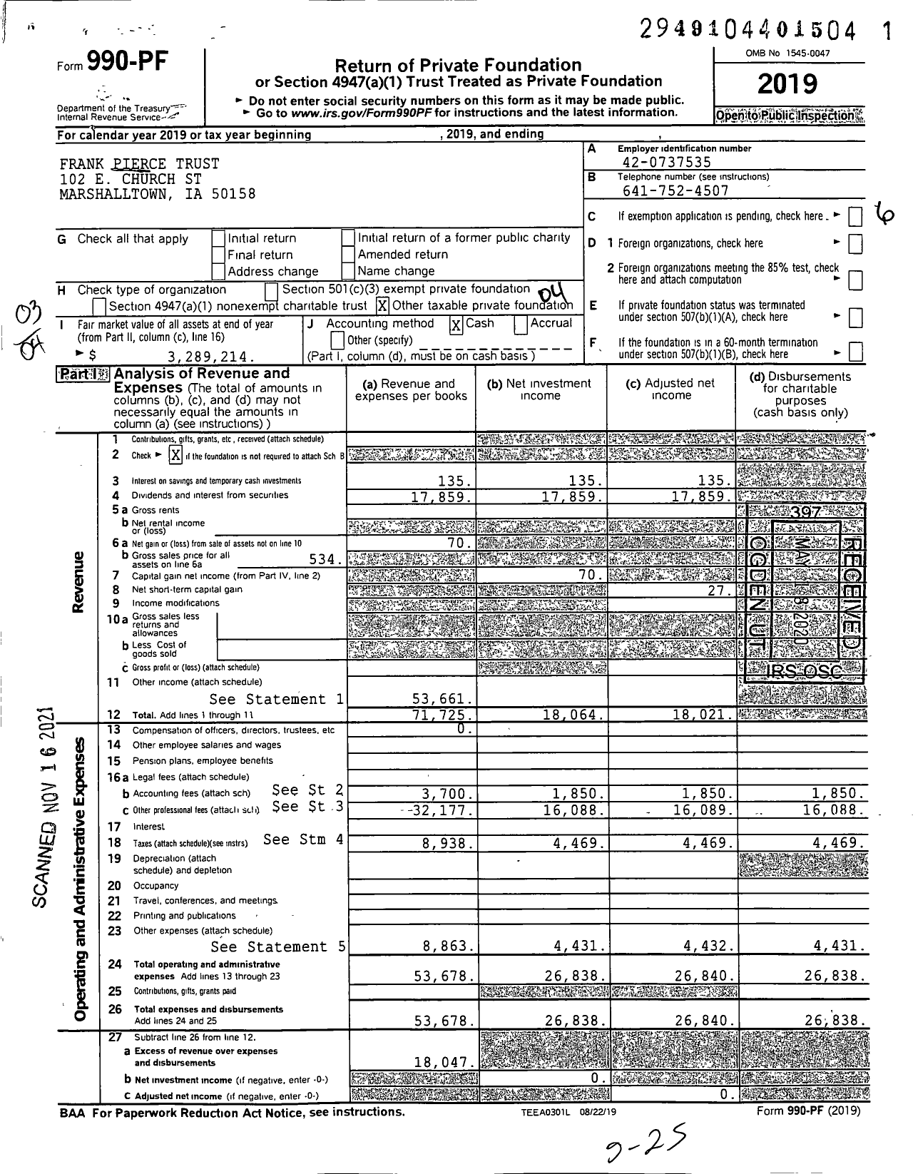 Image of first page of 2019 Form 990PF for Frank Pierce Trust