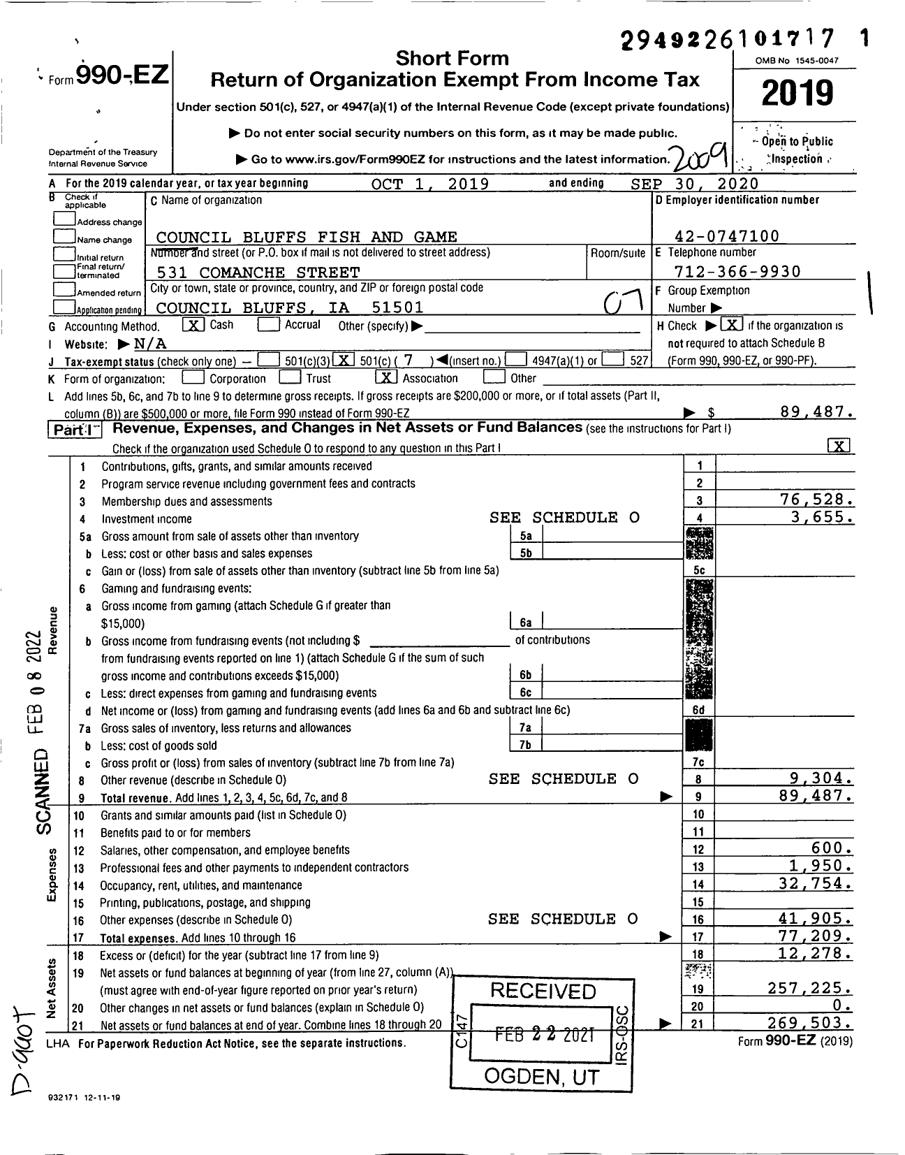 Image of first page of 2019 Form 990EO for Council Bluffs Fish and Game