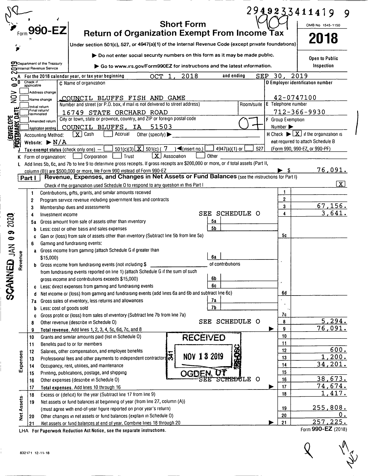 Image of first page of 2018 Form 990EO for Council Bluffs Fish and Game