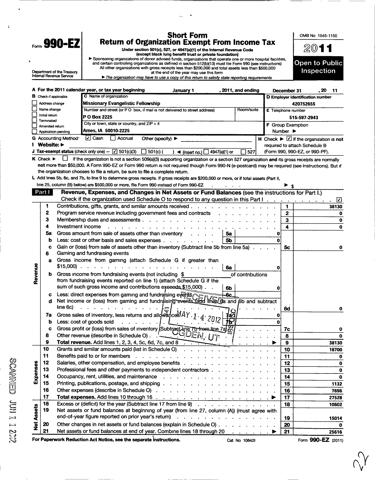 Image of first page of 2011 Form 990EZ for Missionary Evangelistic Fellowship