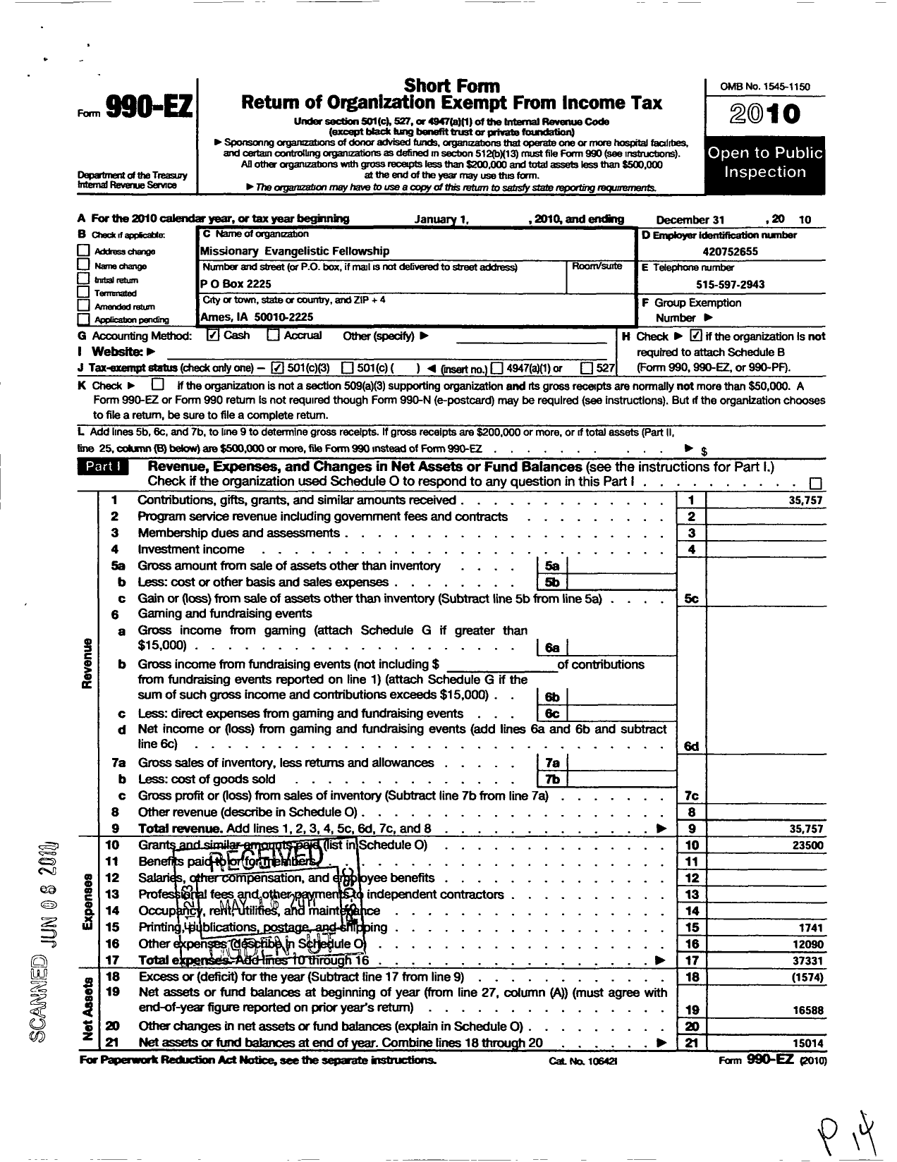 Image of first page of 2010 Form 990EZ for Missionary Evangelistic Fellowship