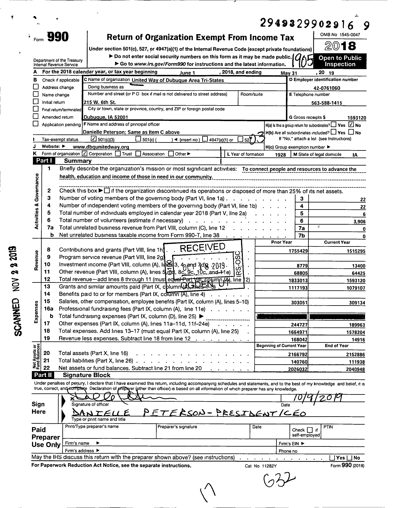 Image of first page of 2018 Form 990 for United Way of Dubuque Area Tri-States