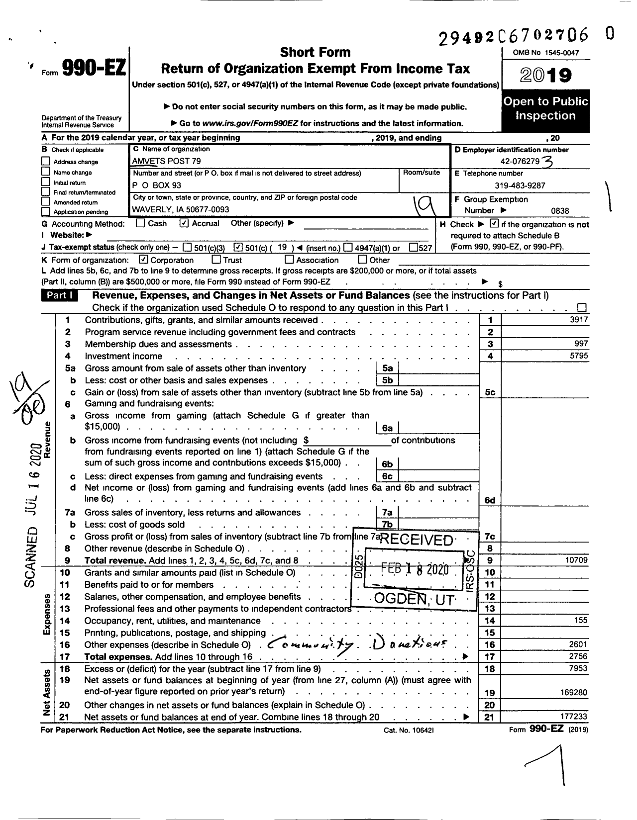 Image of first page of 2019 Form 990EO for Amvets - Ia-0079