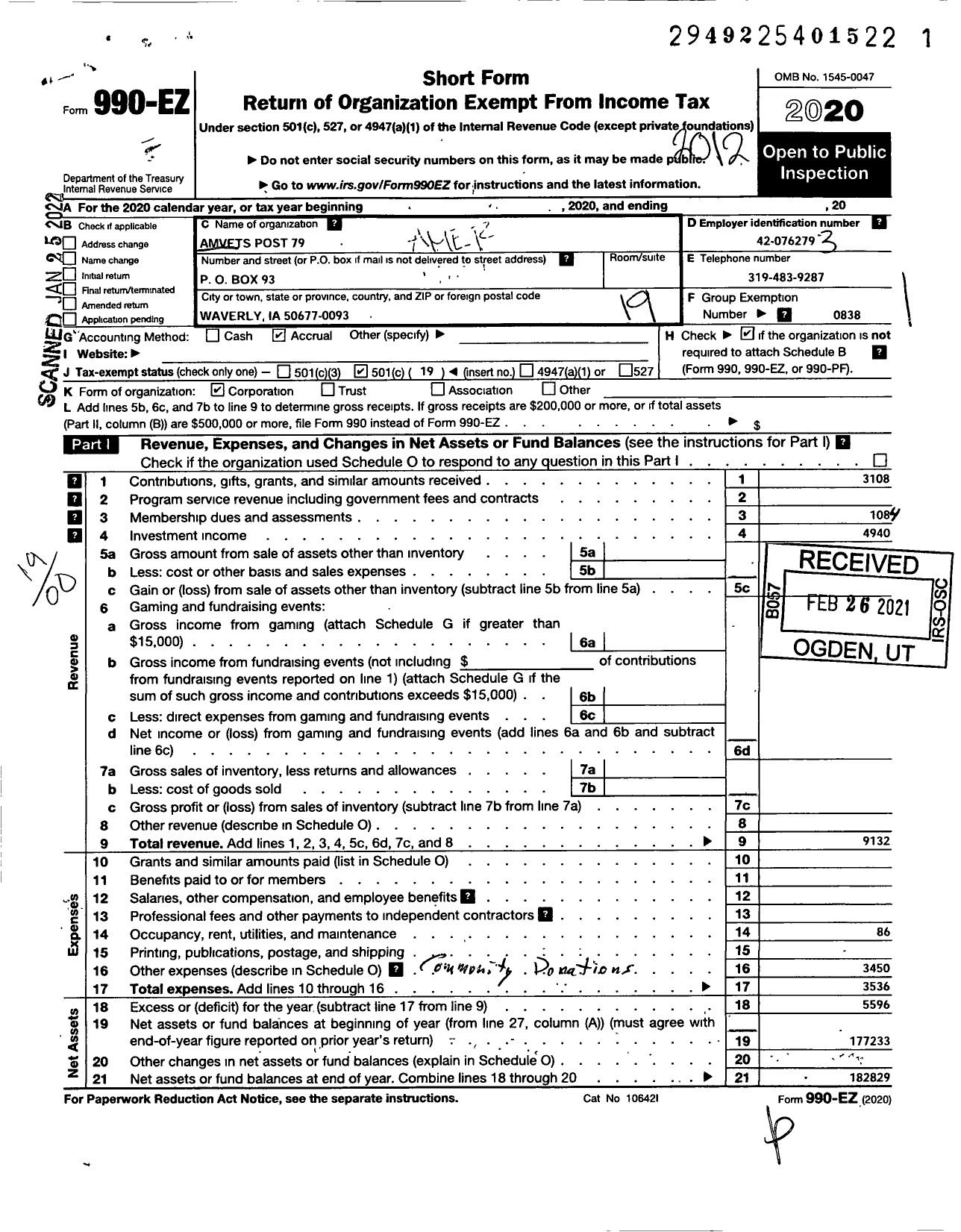 Image of first page of 2020 Form 990EO for Amvets - Ia-0079