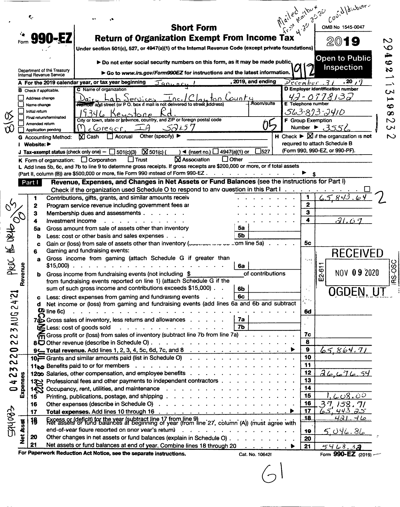 Image of first page of 2019 Form 990EO for Dairy Lab Services - 22 Clayton Coop Dairy Herd Imp