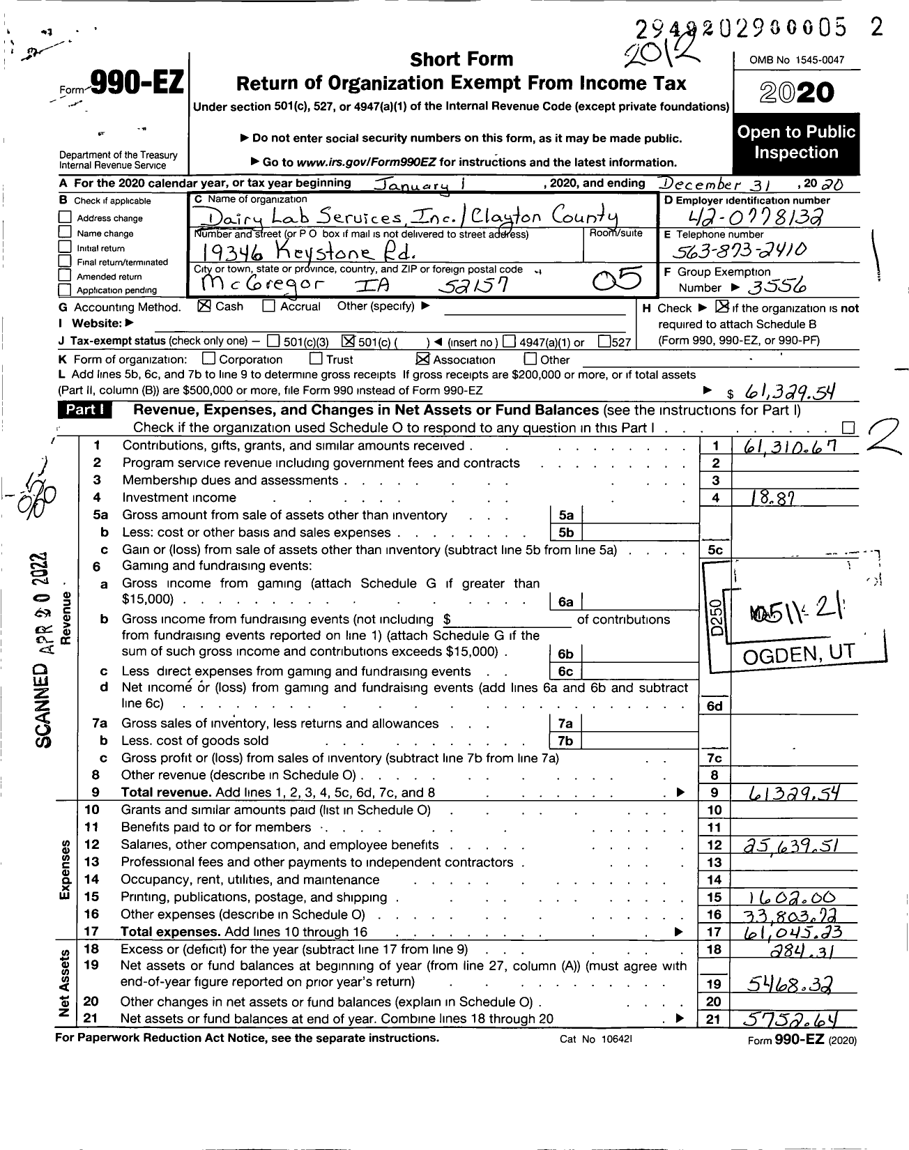 Image of first page of 2020 Form 990EO for Dairy Lab Services - 22 Clayton Coop Dairy Herd Imp
