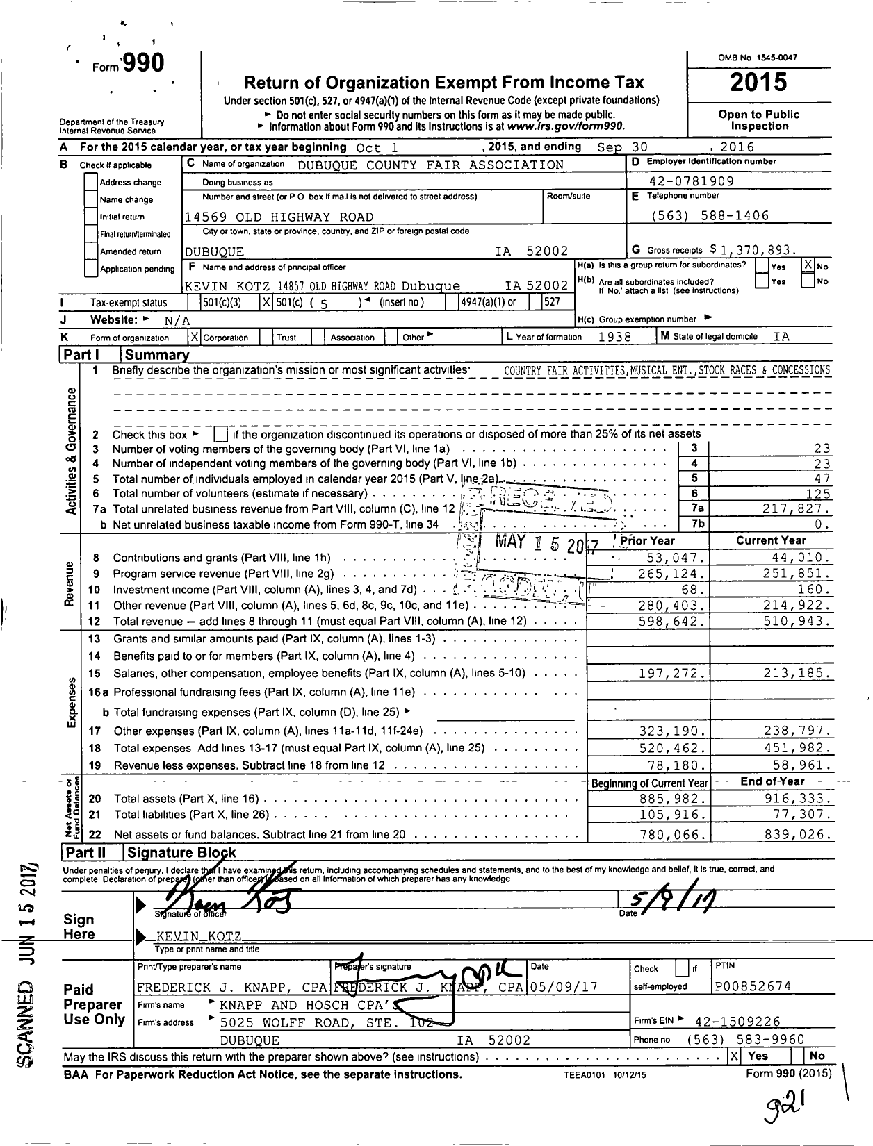 Image of first page of 2015 Form 990O for Dubuque County Fair Association
