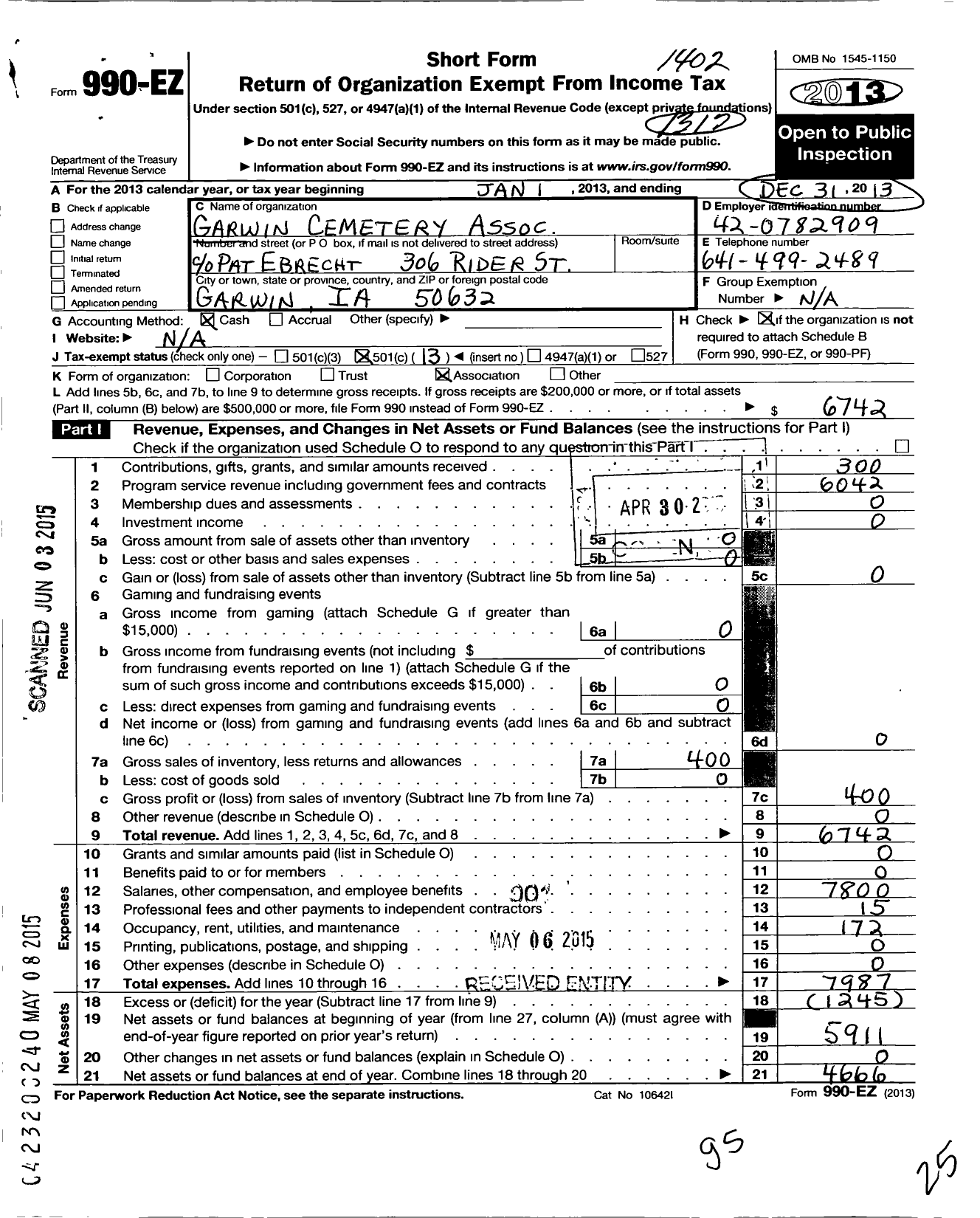 Image of first page of 2013 Form 990EO for Garwin Cemetery Association