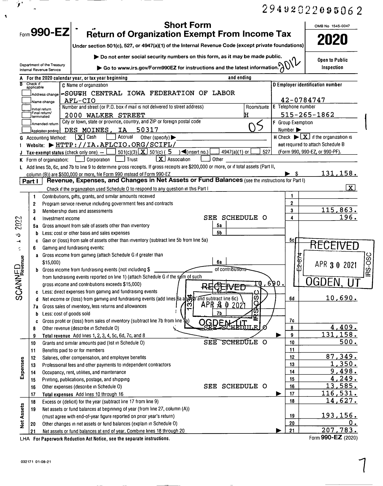 Image of first page of 2020 Form 990EO for AFL-CIO - South Central Iowa Federation of La