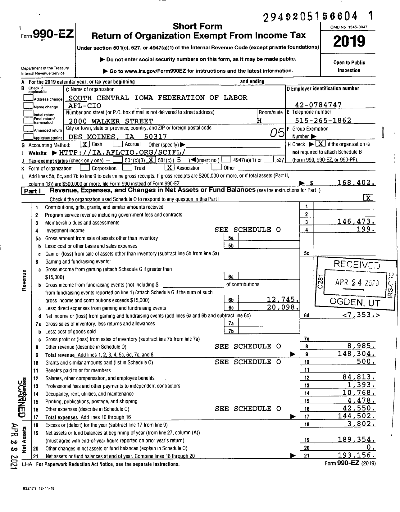 Image of first page of 2019 Form 990EO for AFL-CIO - South Central Iowa Federation of La