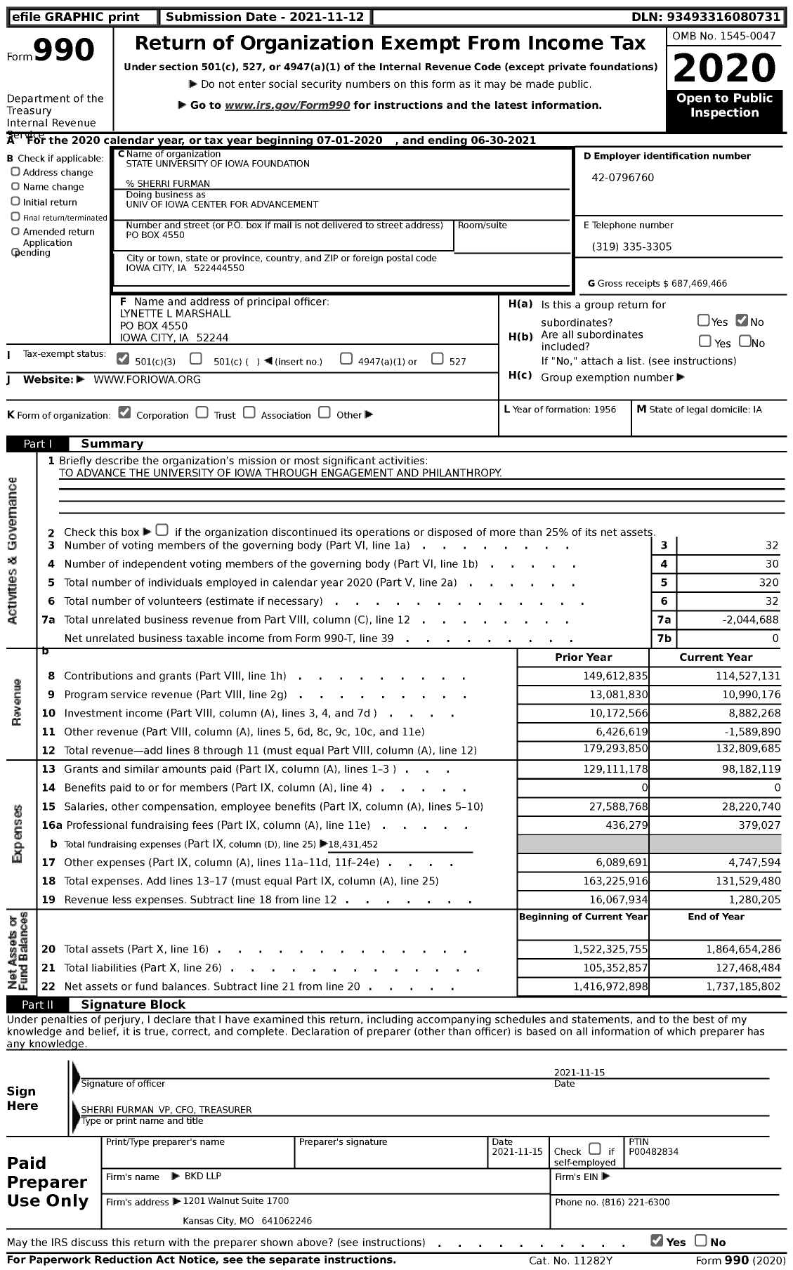 Image of first page of 2020 Form 990 for Univ of Iowa Center for Advancement