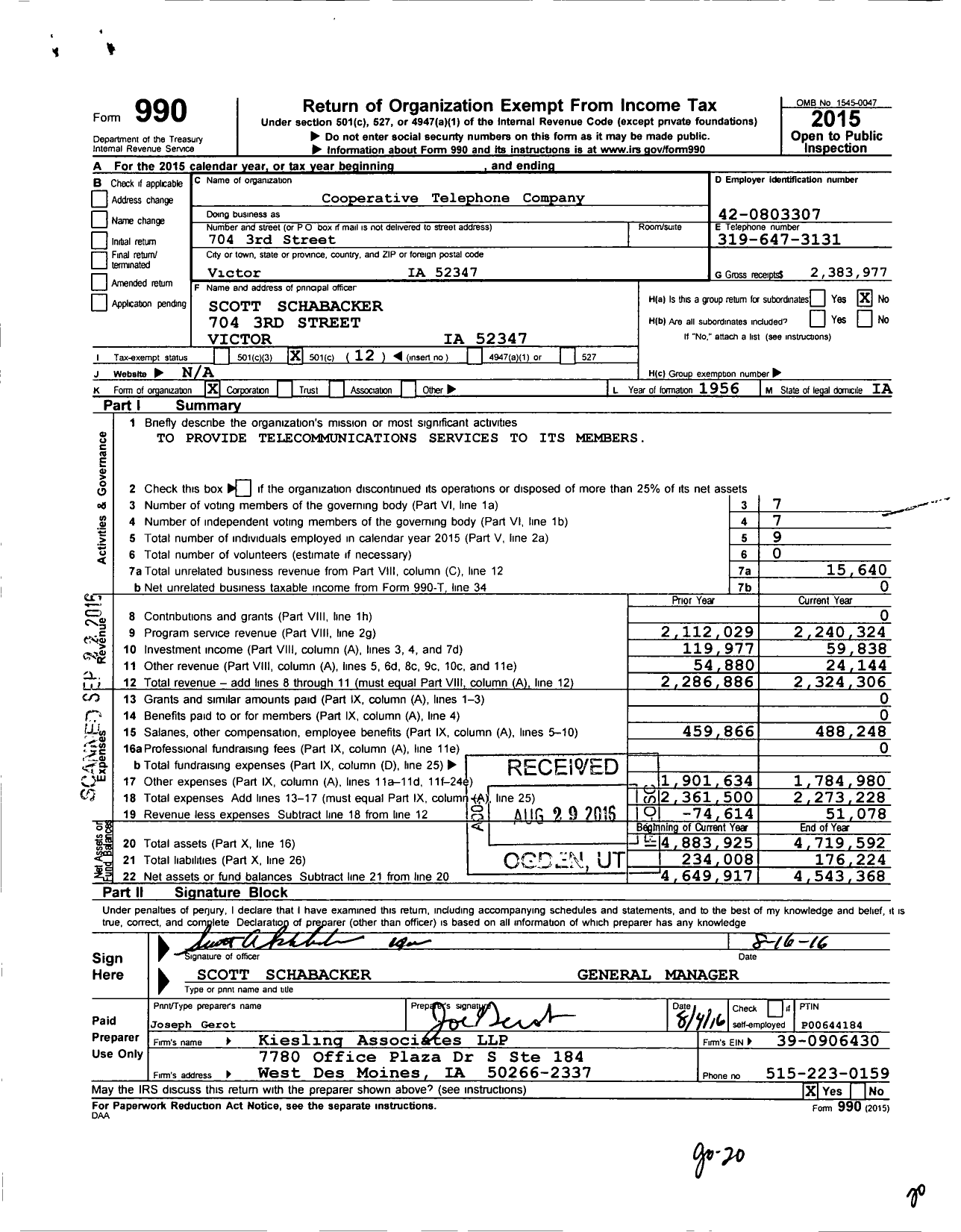 Image of first page of 2015 Form 990O for Cooperative Telephone Company