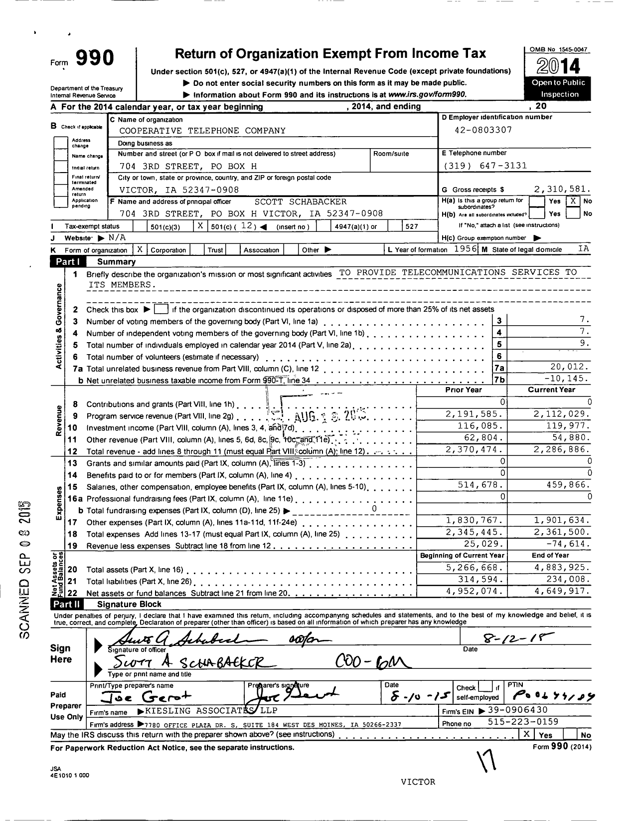 Image of first page of 2014 Form 990O for Cooperative Telephone Company