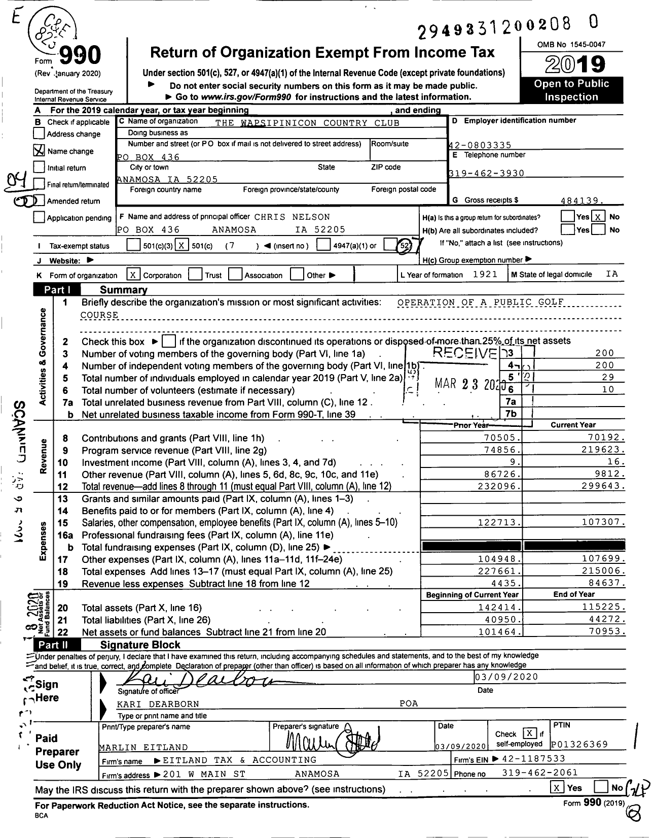 Image of first page of 2019 Form 990O for Wapsipinicon Country Club