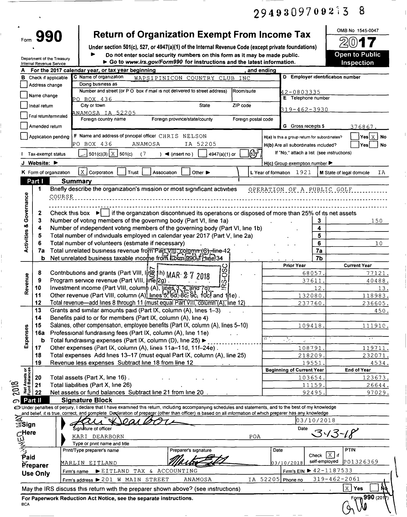 Image of first page of 2017 Form 990O for Wapsipinicon Country Club