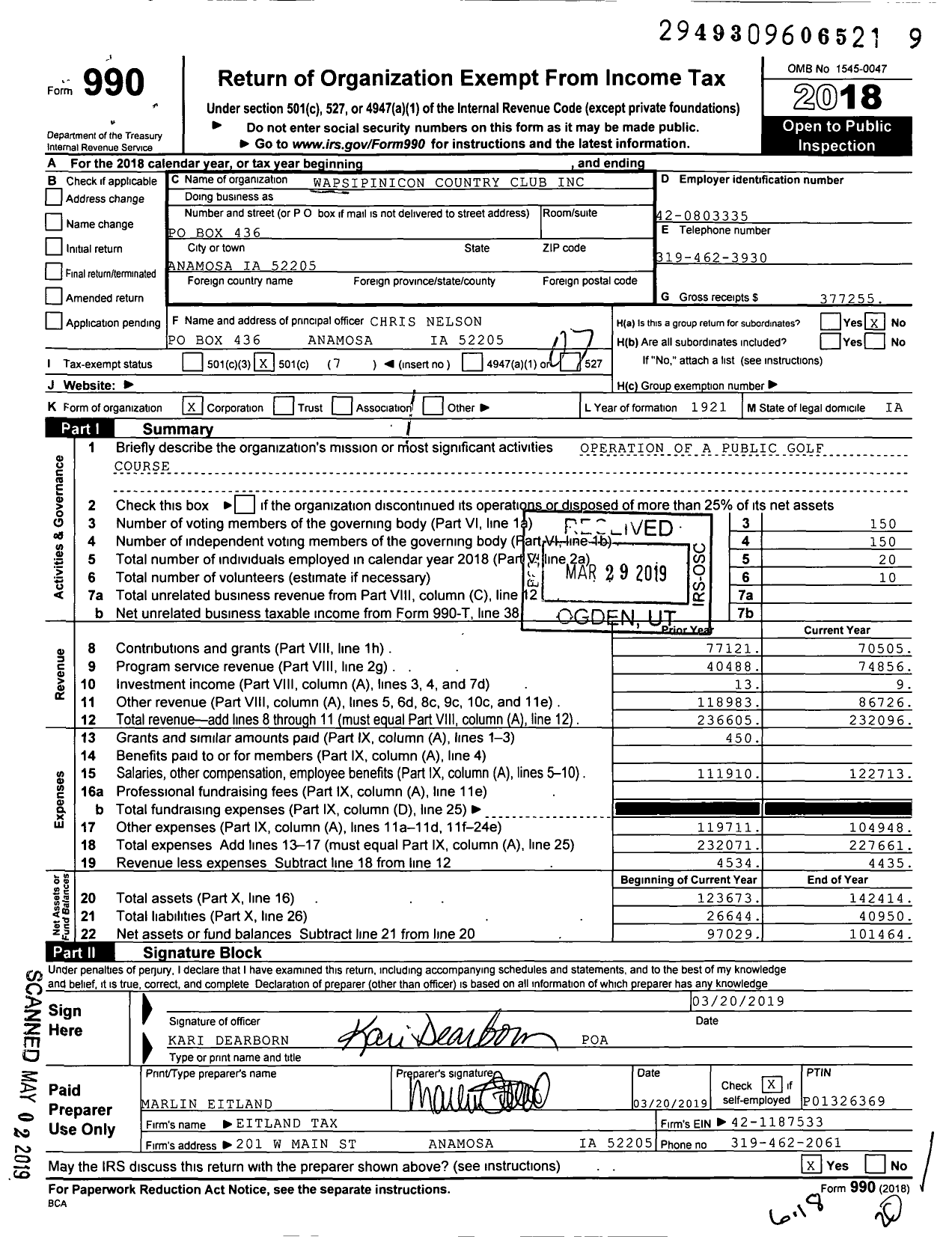 Image of first page of 2018 Form 990O for Wapsipinicon Country Club