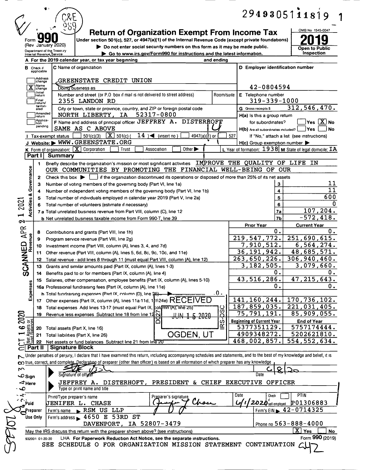 Image of first page of 2019 Form 990O for GreenState Credit Union