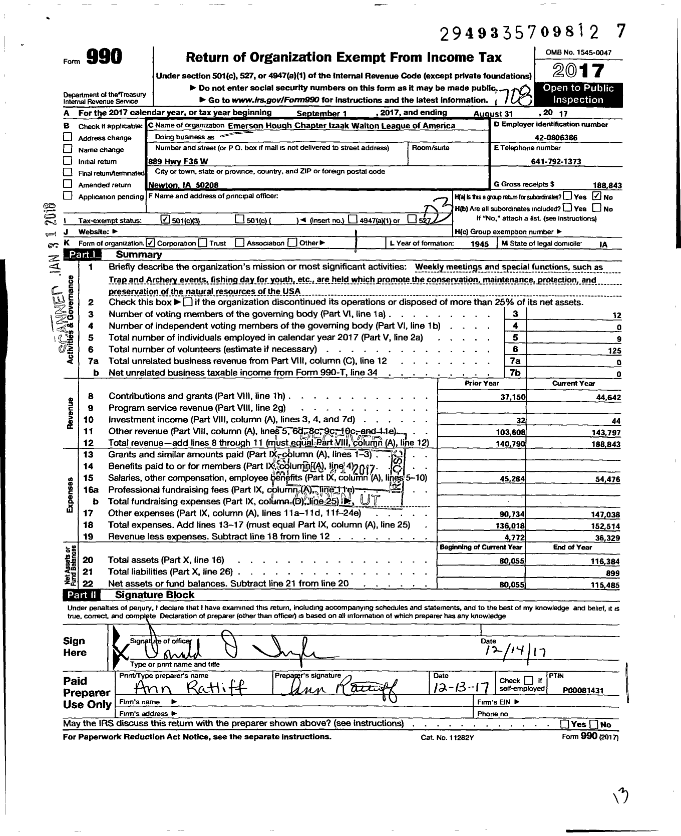 Image of first page of 2016 Form 990 for Izaak Walton League of America - Izaak Walton League - Emerson Hough Chapter