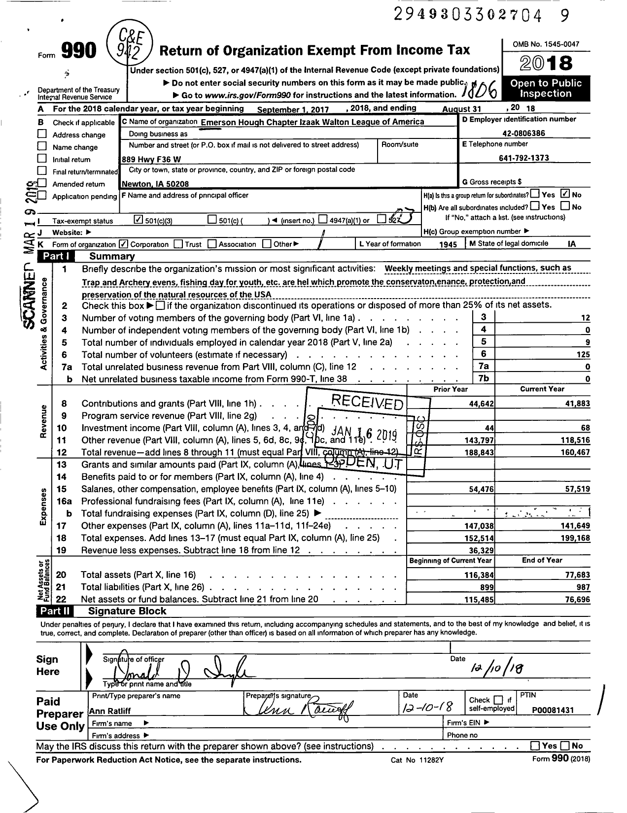 Image of first page of 2017 Form 990 for Izaak Walton League of America - Izaak Walton League - Emerson Hough Chapter