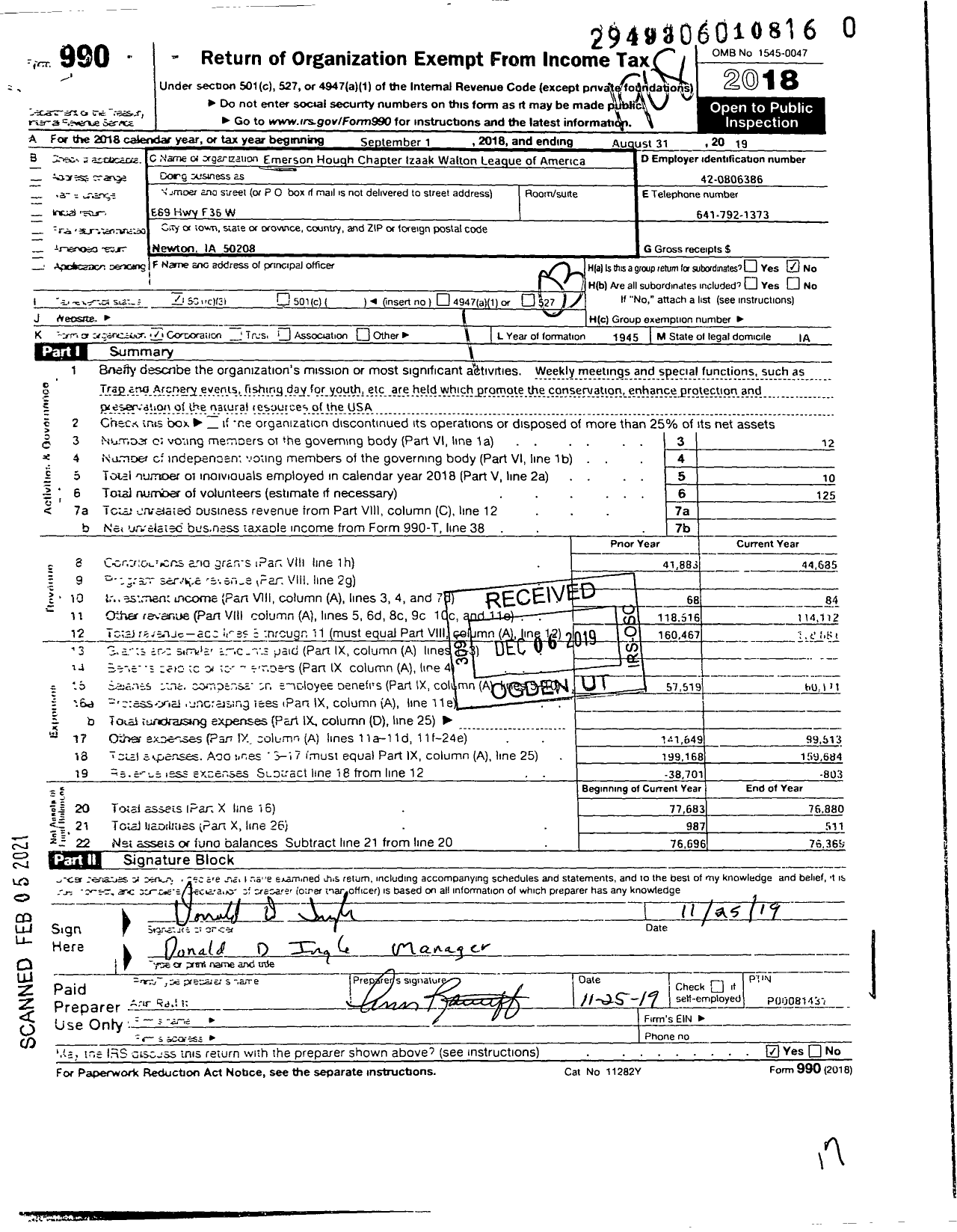 Image of first page of 2018 Form 990 for Izaak Walton League of America - Izaak Walton League - Emerson Hough Chapter