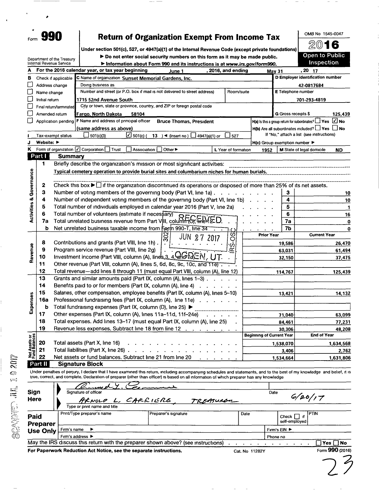 Image of first page of 2016 Form 990O for Sunset Memorial Gardens