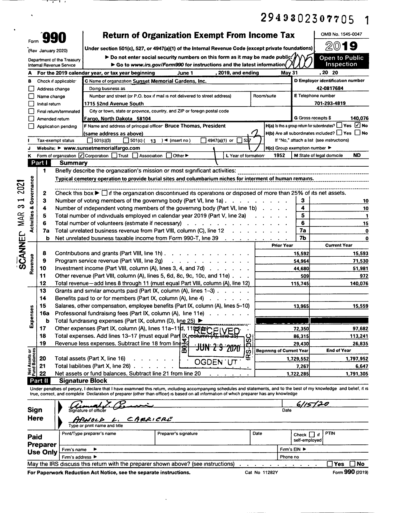Image of first page of 2019 Form 990O for Sunset Memorial Gardens