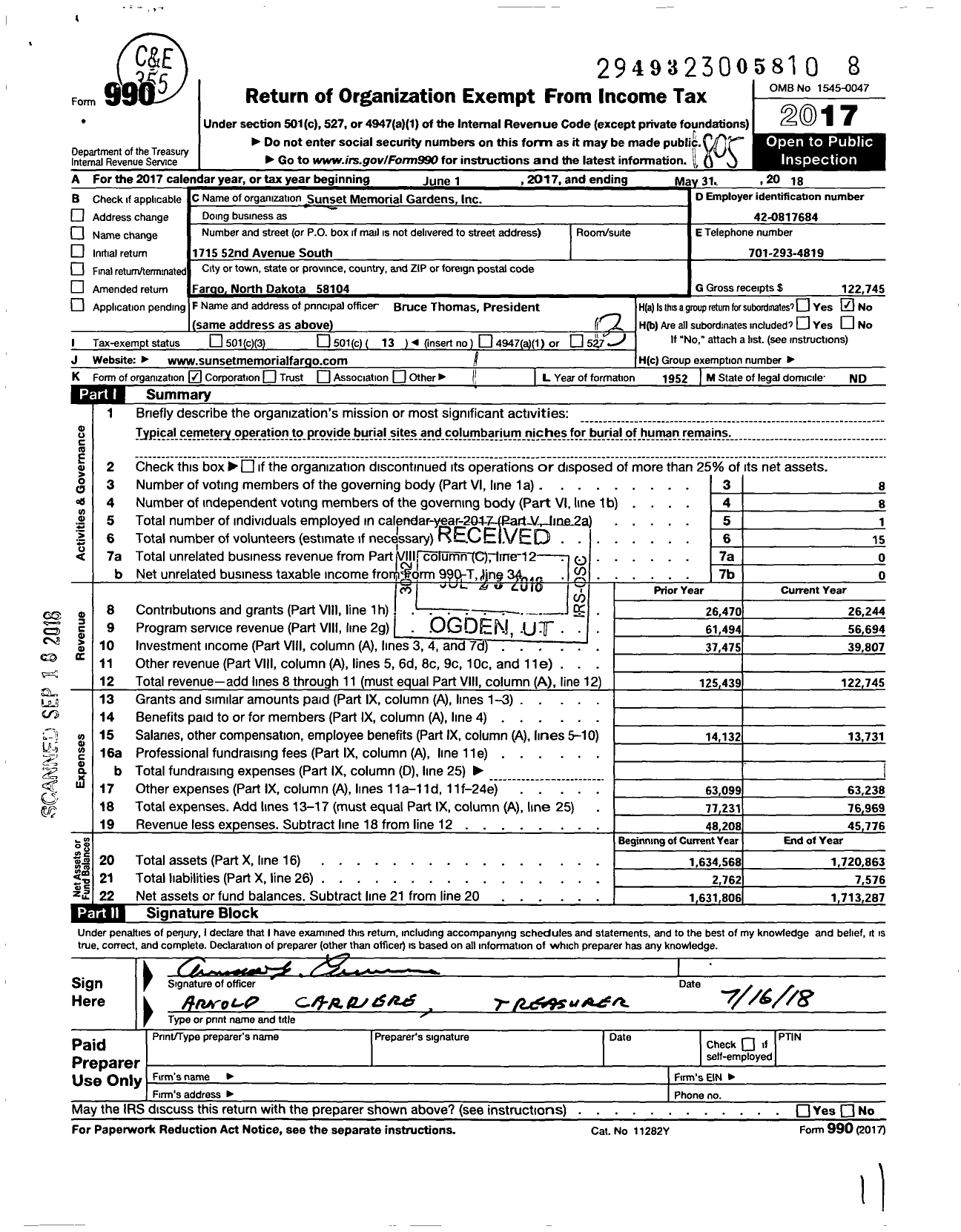 Image of first page of 2017 Form 990O for Sunset Memorial Gardens