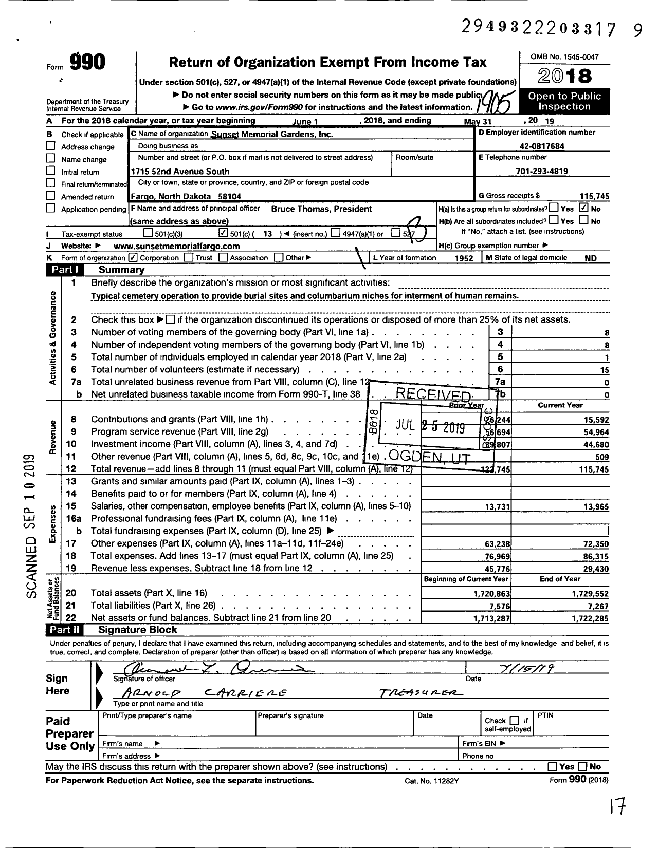 Image of first page of 2018 Form 990O for Sunset Memorial Gardens
