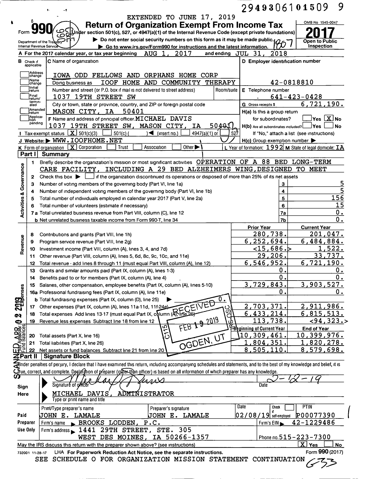 Image of first page of 2017 Form 990 for IOOF Home and Community Therapy Center