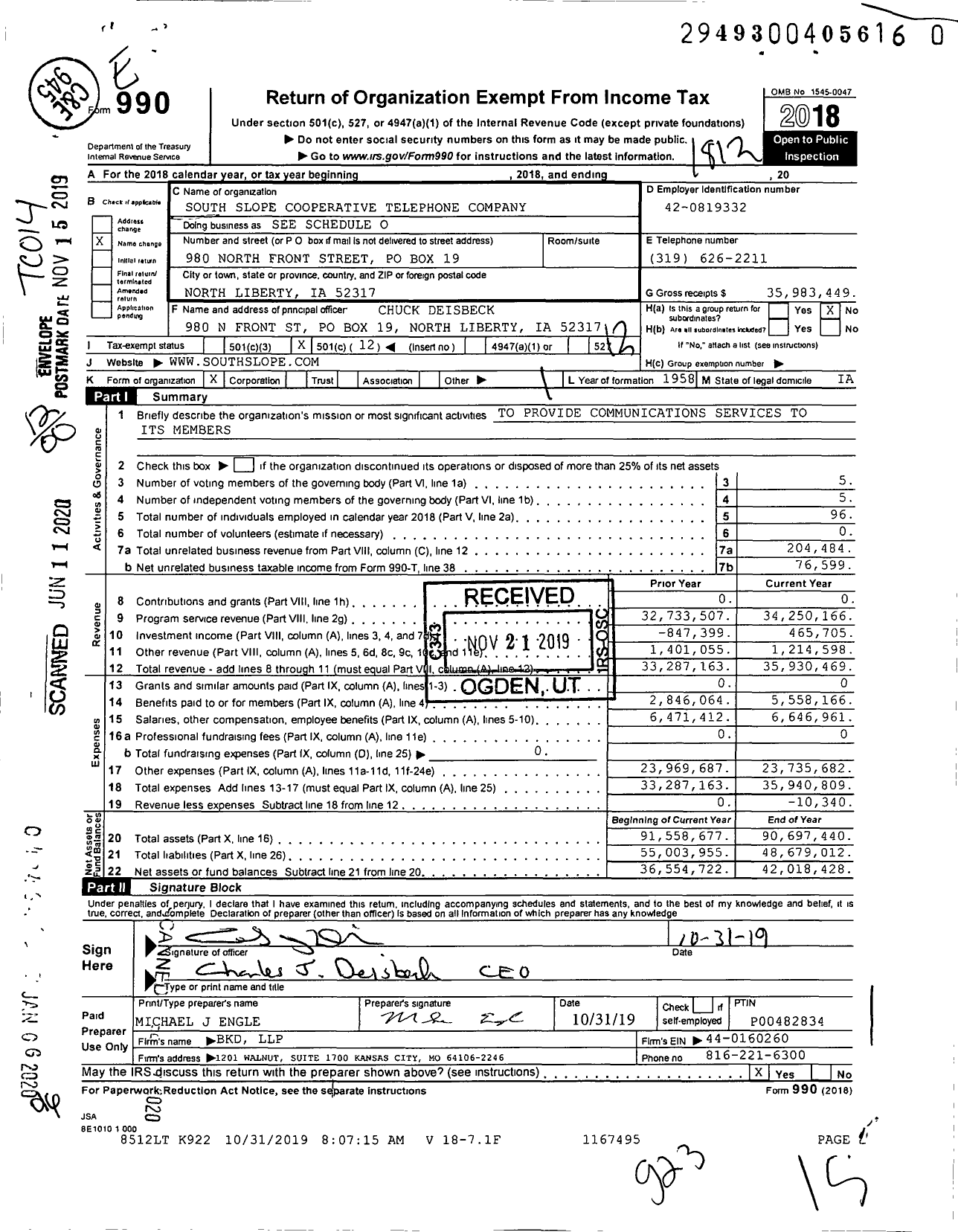 Image of first page of 2018 Form 990O for South Slope Cooperative Telephone Company