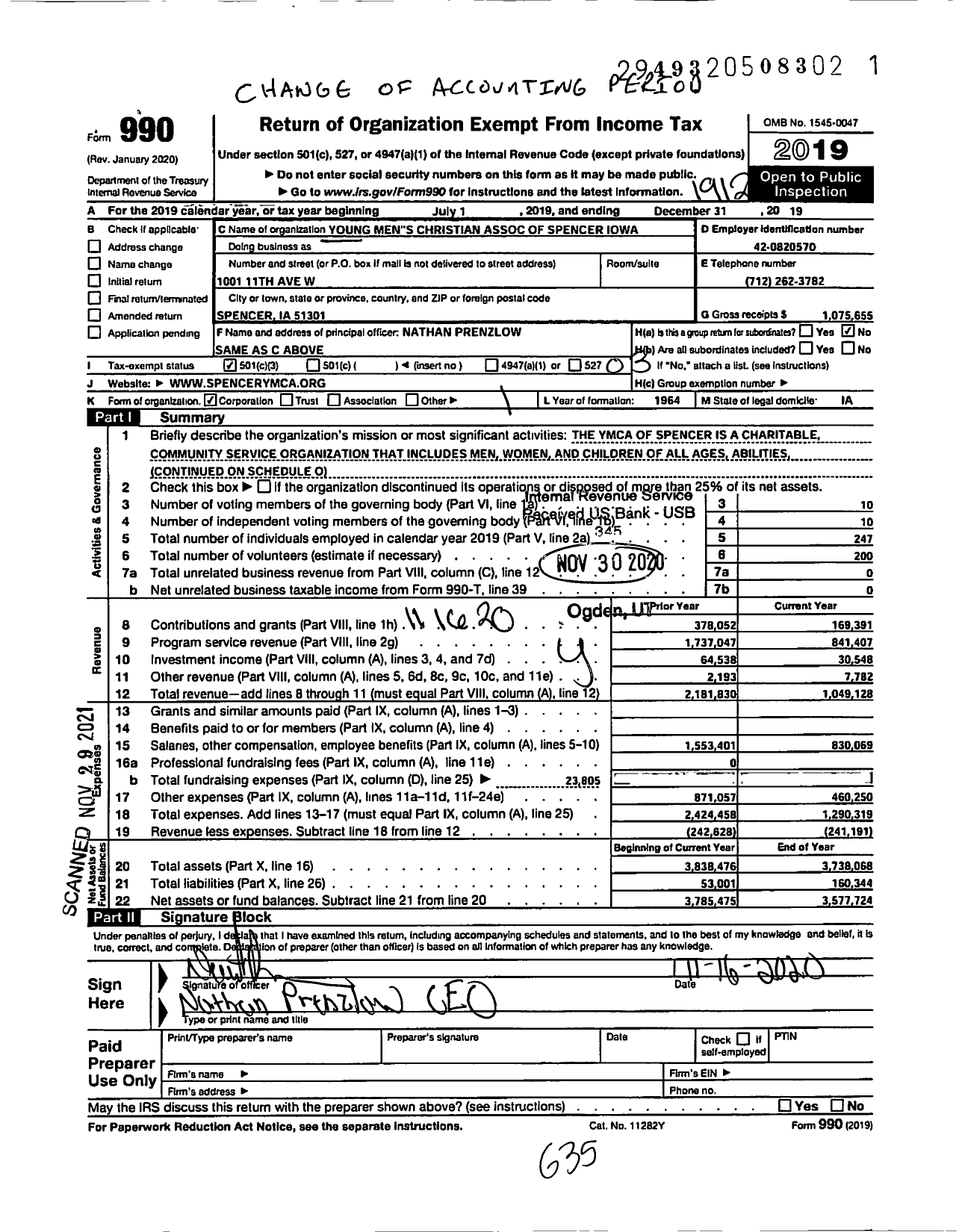 Image of first page of 2019 Form 990 for Spencer Family YMCA