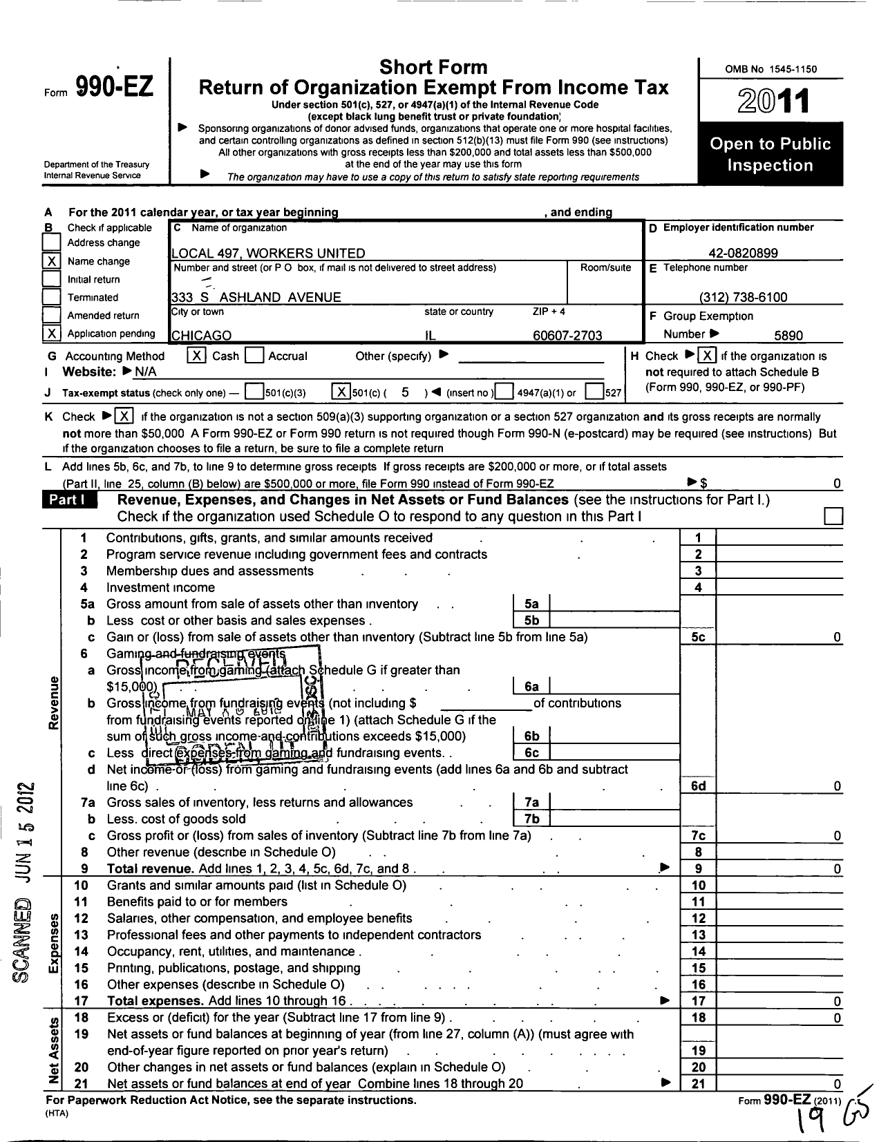 Image of first page of 2011 Form 990EO for Workers United - 497 Local Cedar Rapids Ia