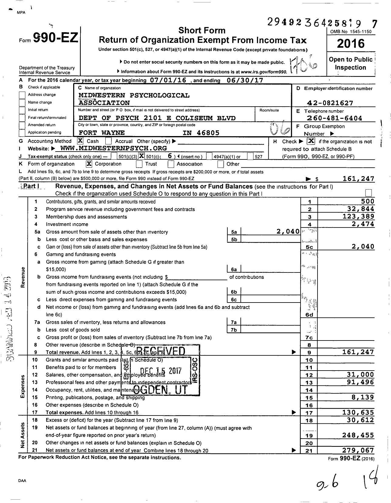 Image of first page of 2016 Form 990EO for Midwestern Psychological Association