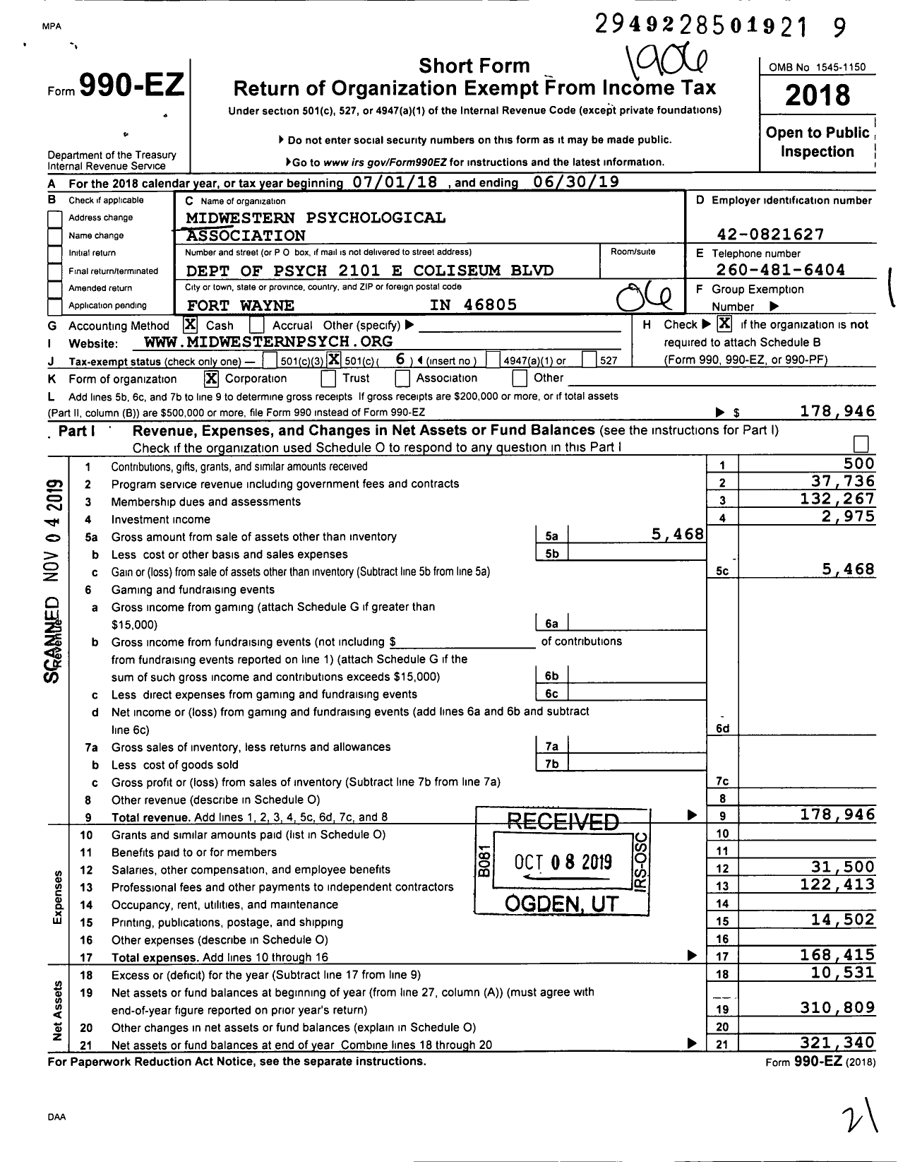 Image of first page of 2018 Form 990EO for Midwestern Psychological Association