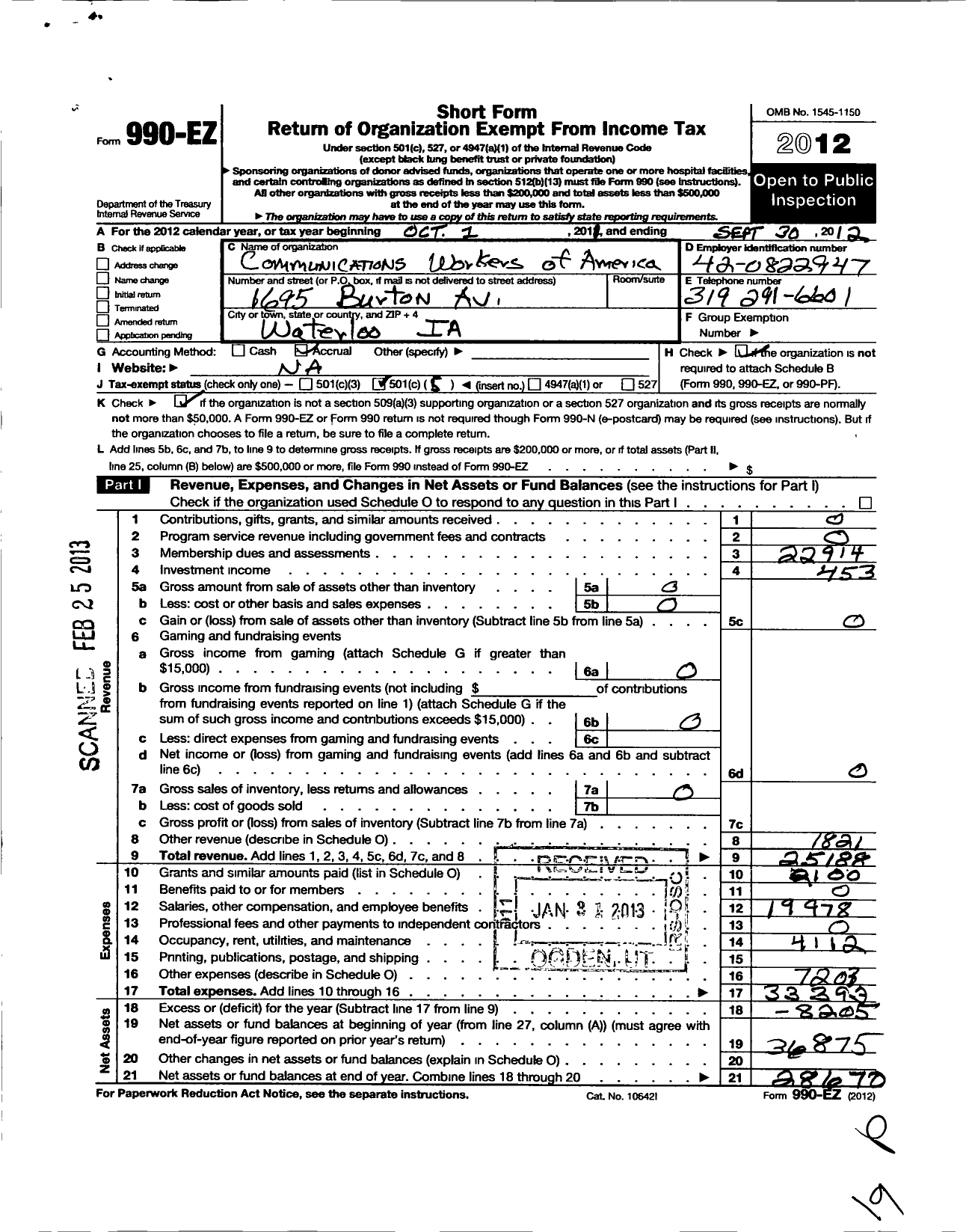 Image of first page of 2011 Form 990EO for Communications Workers of America - 7108 Cwa