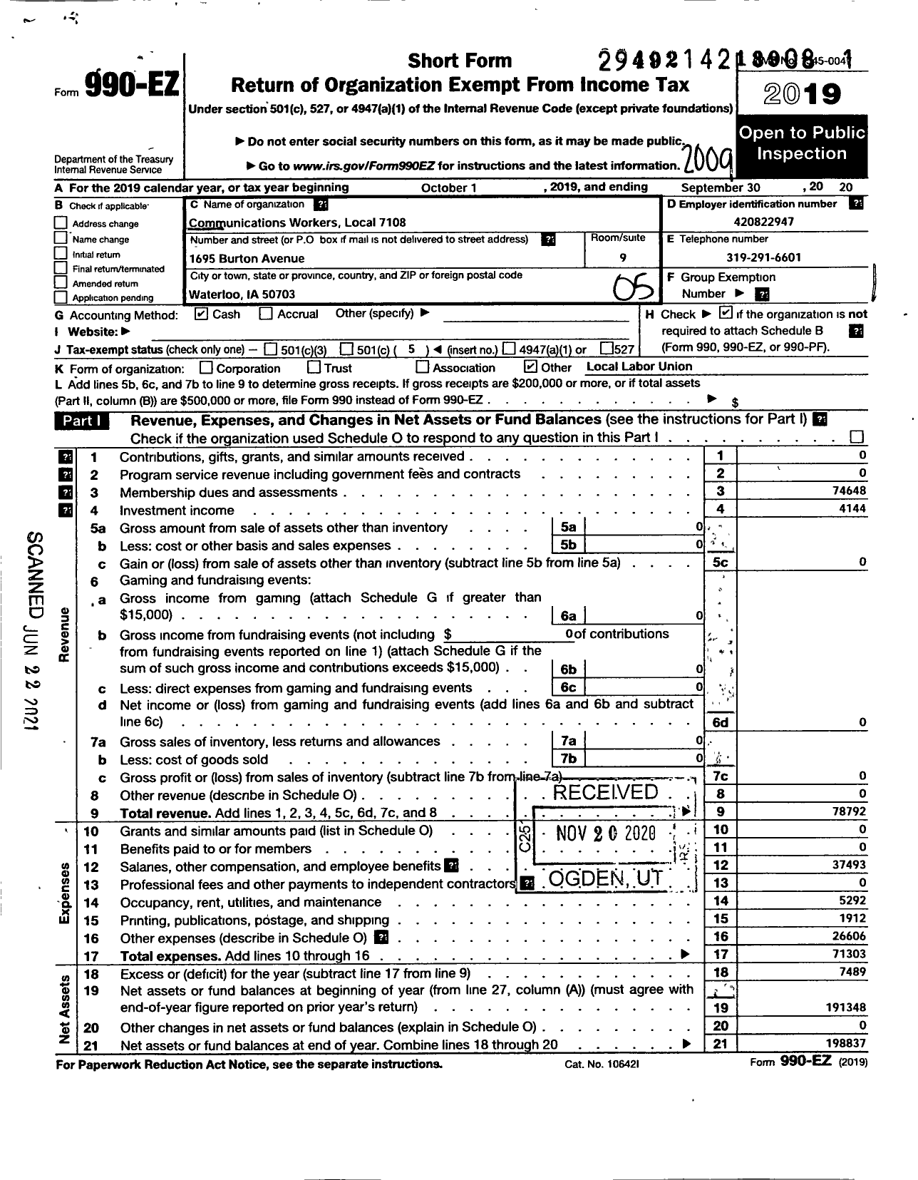 Image of first page of 2019 Form 990EO for Communications Workers of America - 7108 Cwa