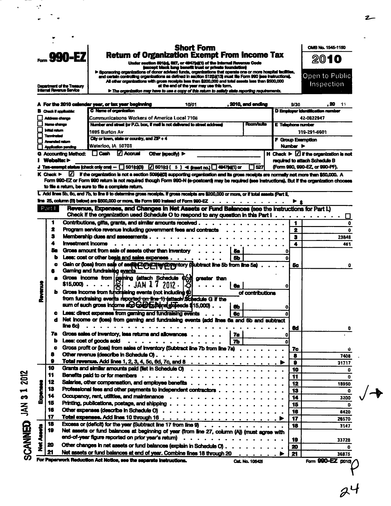 Image of first page of 2010 Form 990EO for Communications Workers of America - 7108 Cwa