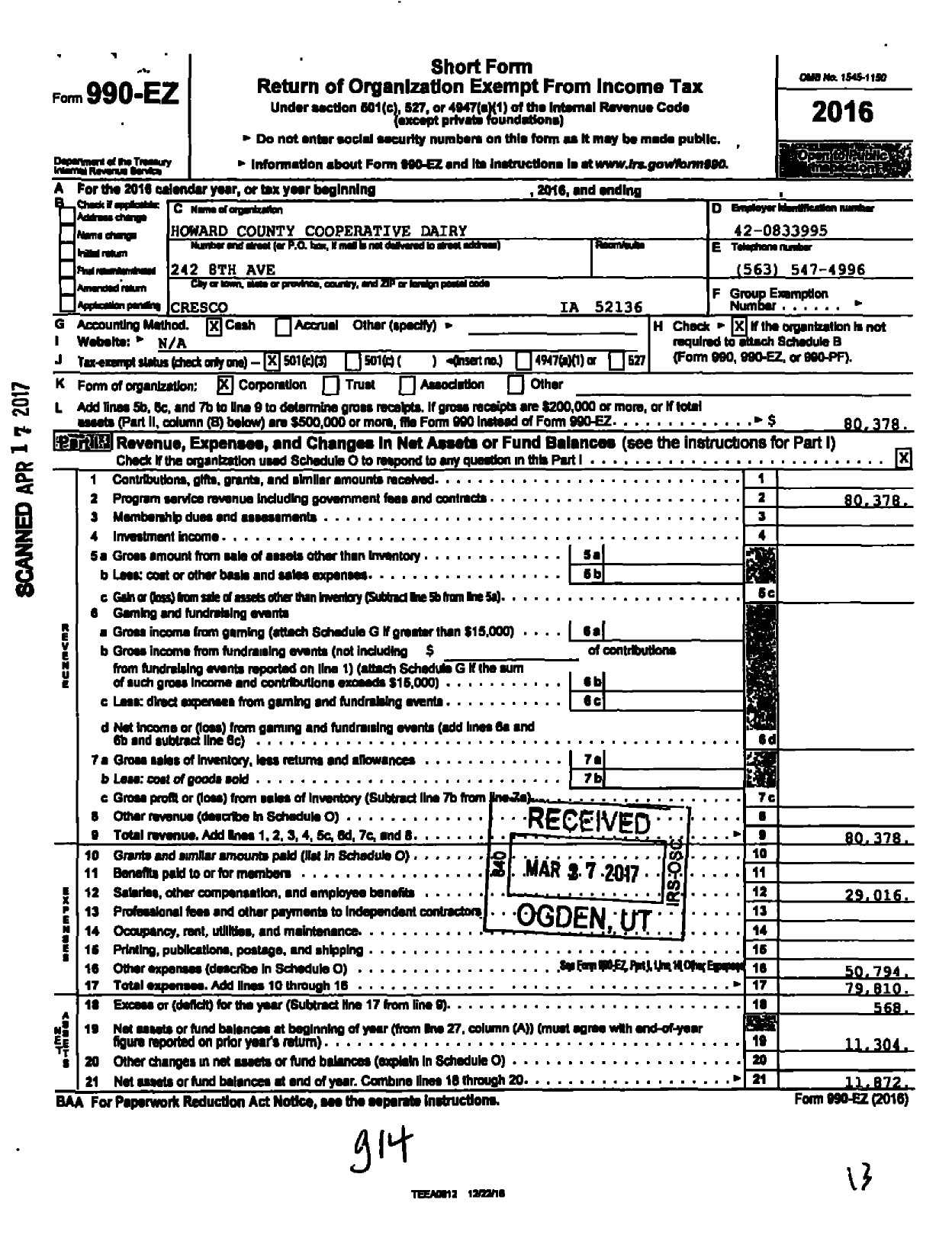 Image of first page of 2016 Form 990EZ for Howard County Cooperative Dairy