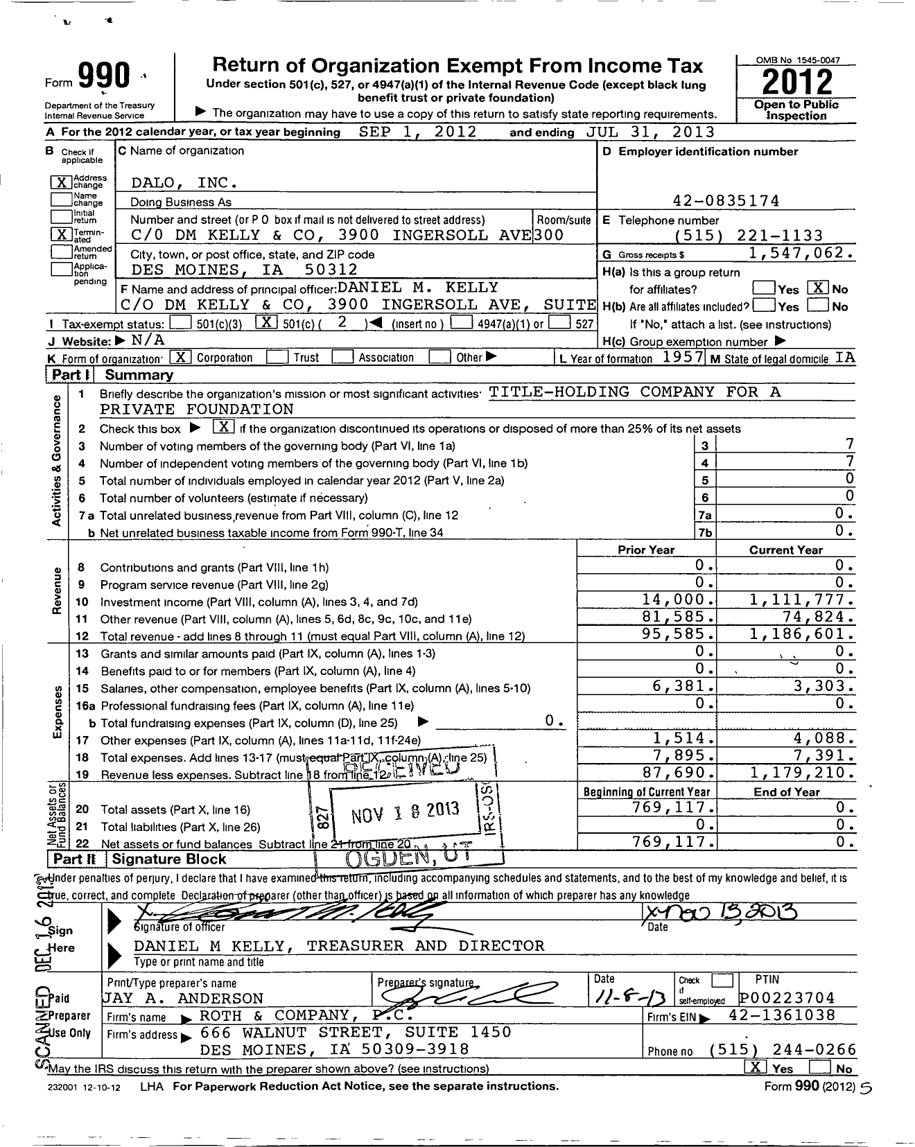 Image of first page of 2012 Form 990O for Dalo