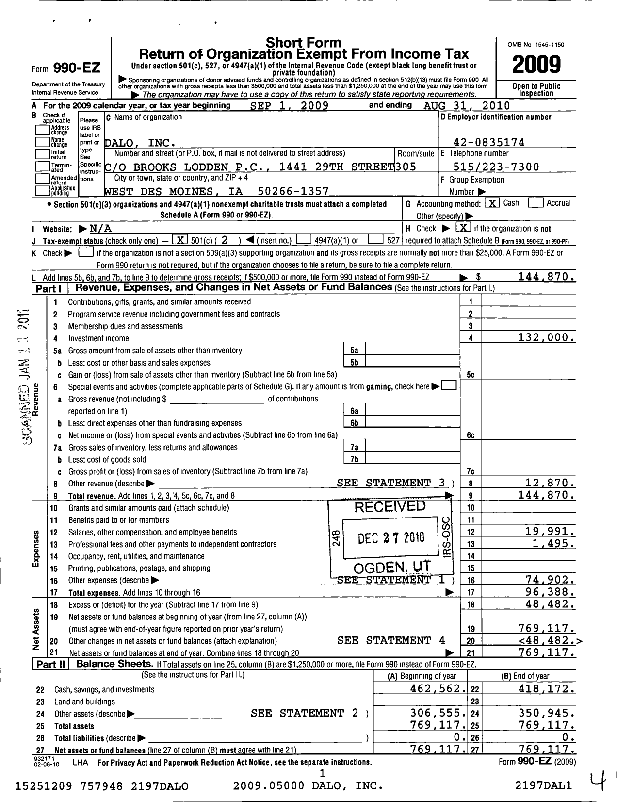 Image of first page of 2009 Form 990EO for Dalo
