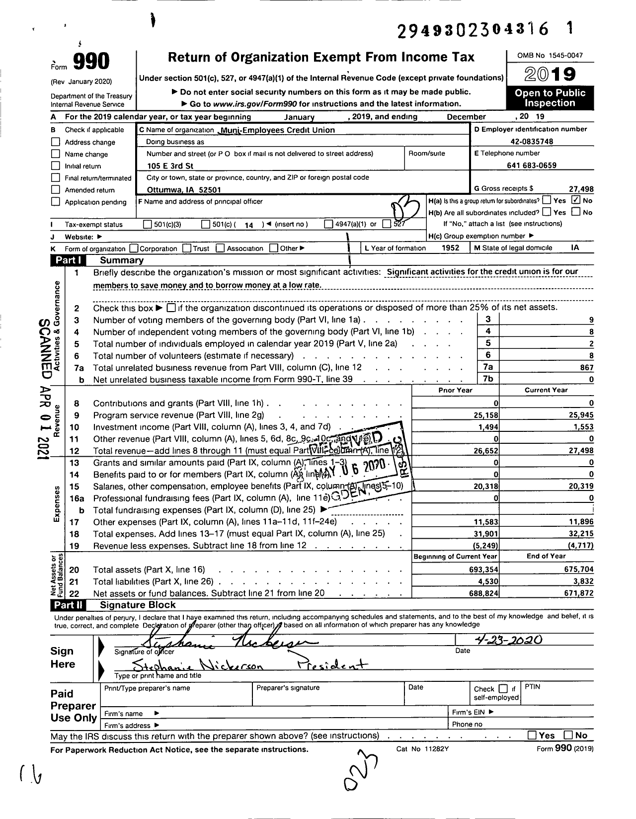 Image of first page of 2019 Form 990 for Muni Employees Credit Union