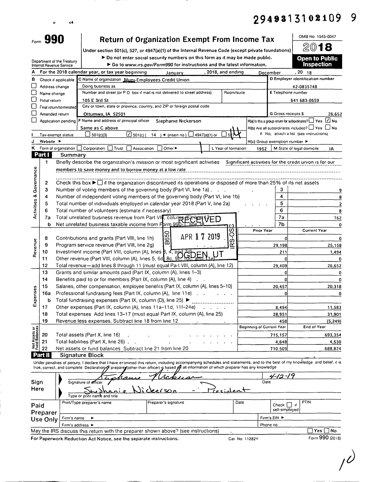 Image of first page of 2018 Form 990O for Muni Employees Credit Union